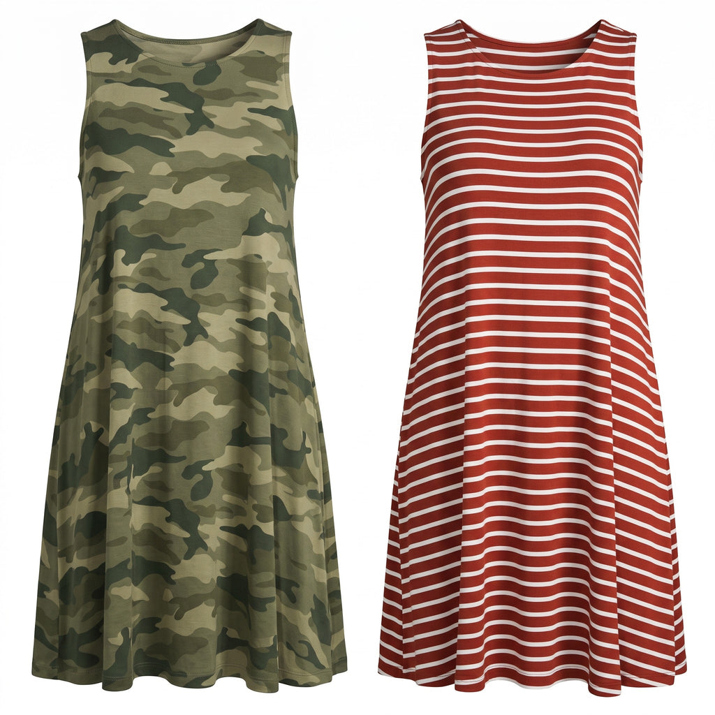 Old Navy Womens M 2 Dresses Bundle 2-Piece Camo & Rust Stripe Sleeveless Swing