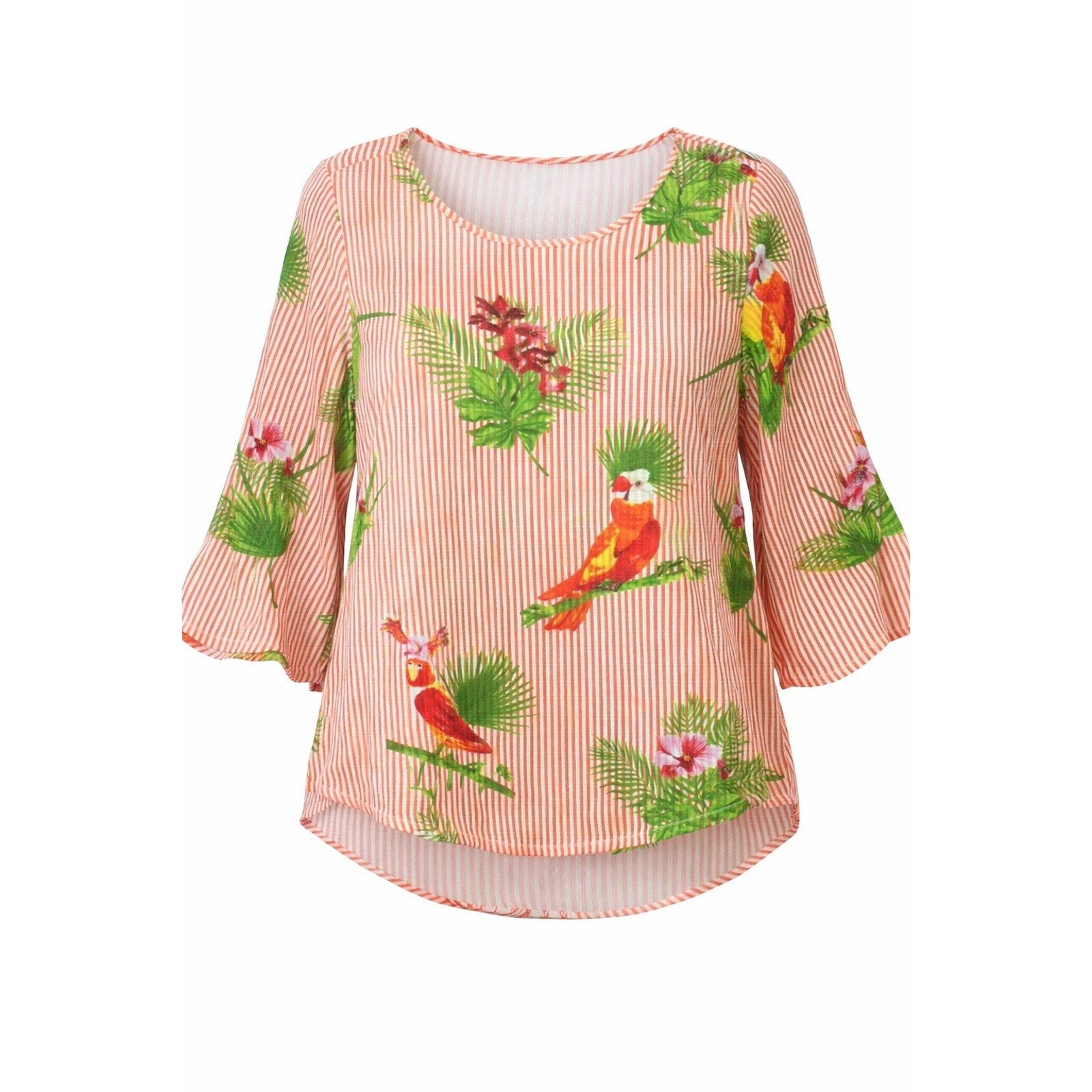 Lemon Way Blouse Womens XL Tropical Parrot Striped Long Sleeve Orange Green Top