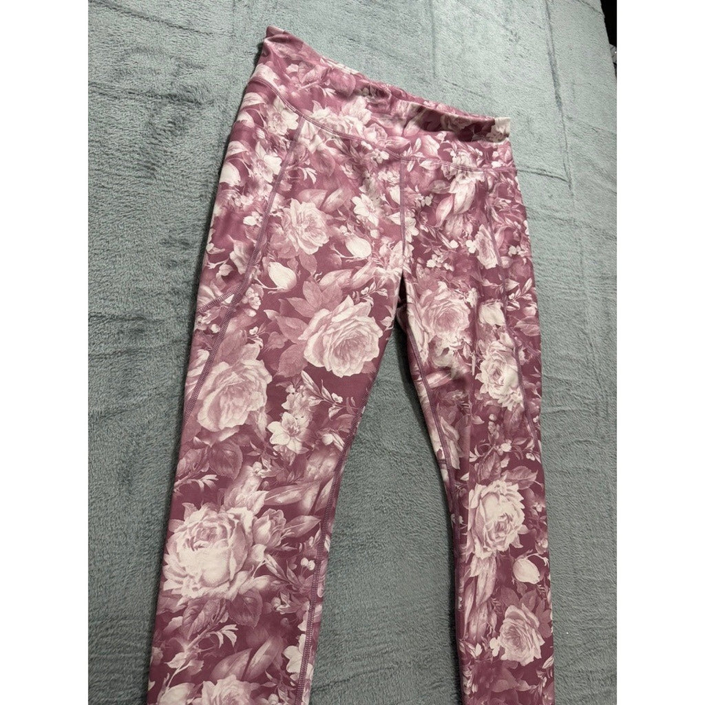 Athletic Works Womens XL Mauve Rose Floral High Waist Leggings Pockets Gym