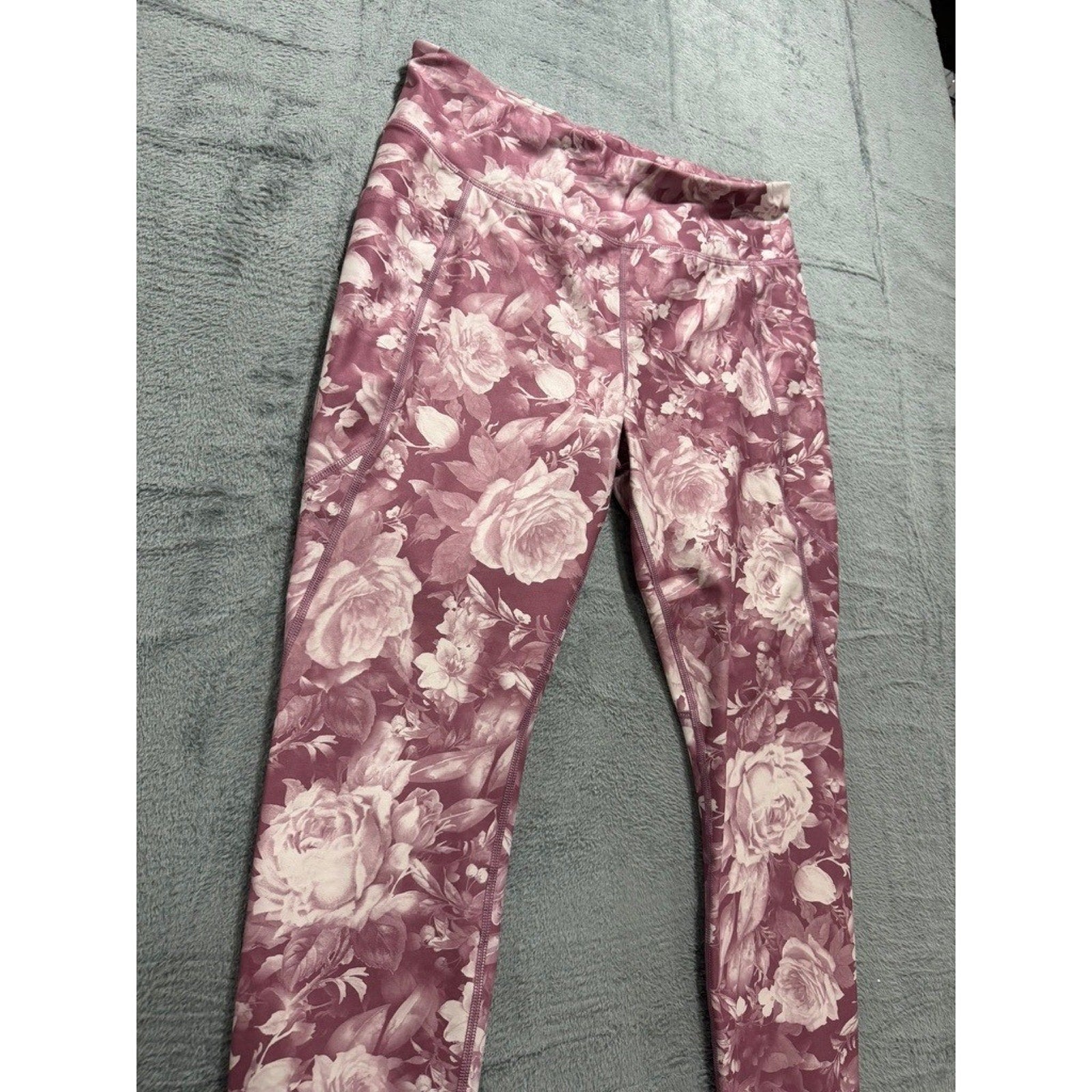 Athletic Works Womens XL Mauve Rose Floral High Waist Leggings Pockets Gym