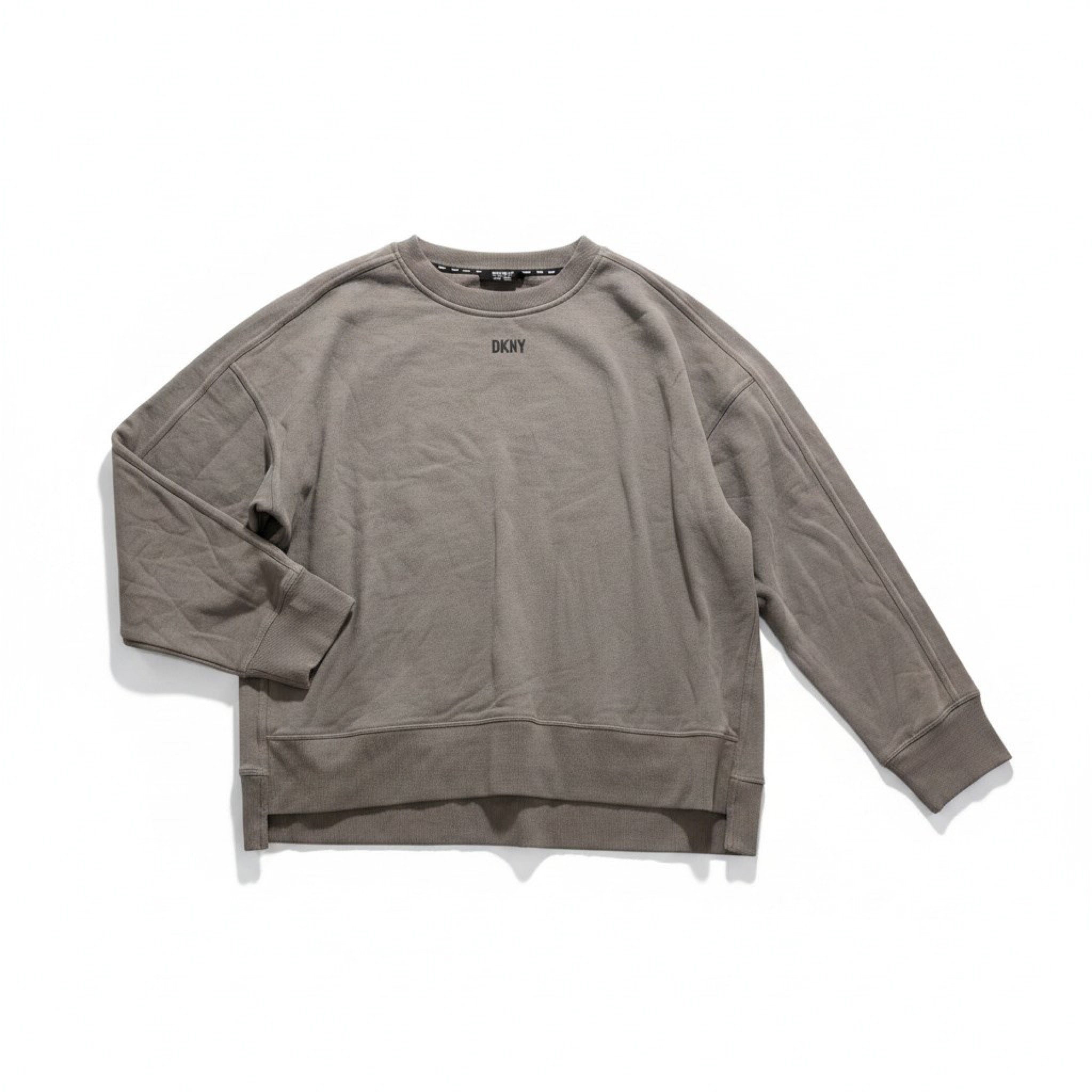 DKNY XXL Taupe Logo Crewneck Sweatshirt Oversized Pullover Side Slit Lounge