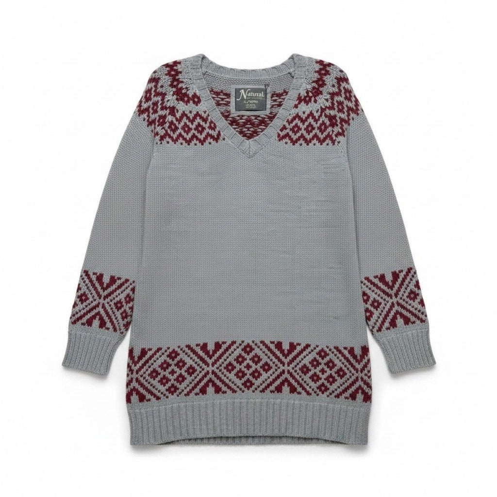 Natural Reflections Gray Fair Isle Knit Sweater XL Burgundy Nordic Cozy Cabin