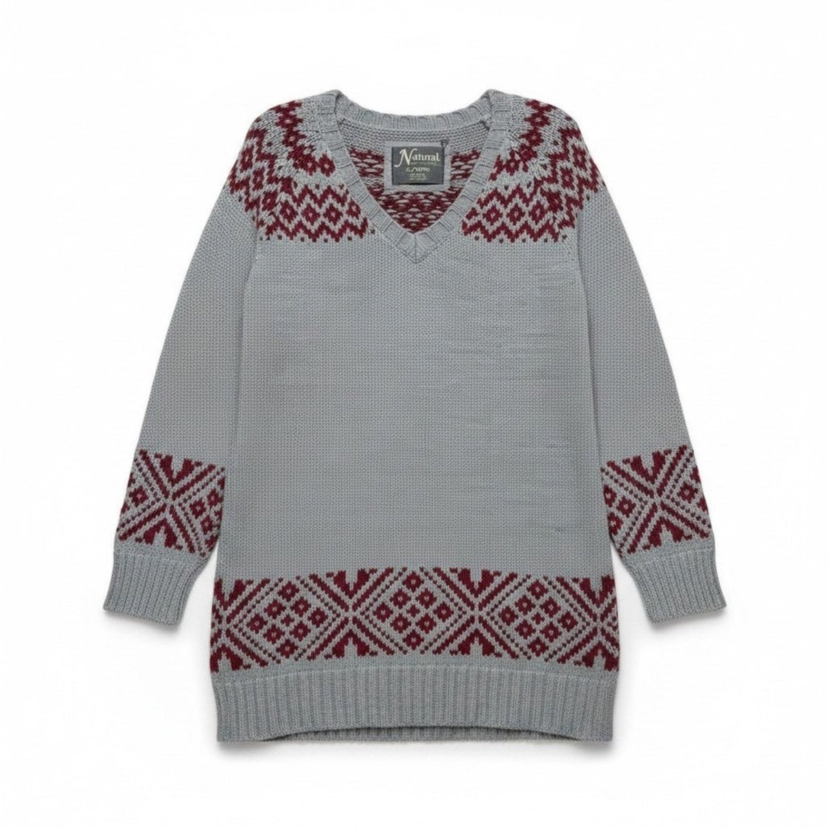 Natural Reflections Gray Fair Isle Knit Sweater XL Burgundy Nordic Cozy Cabin