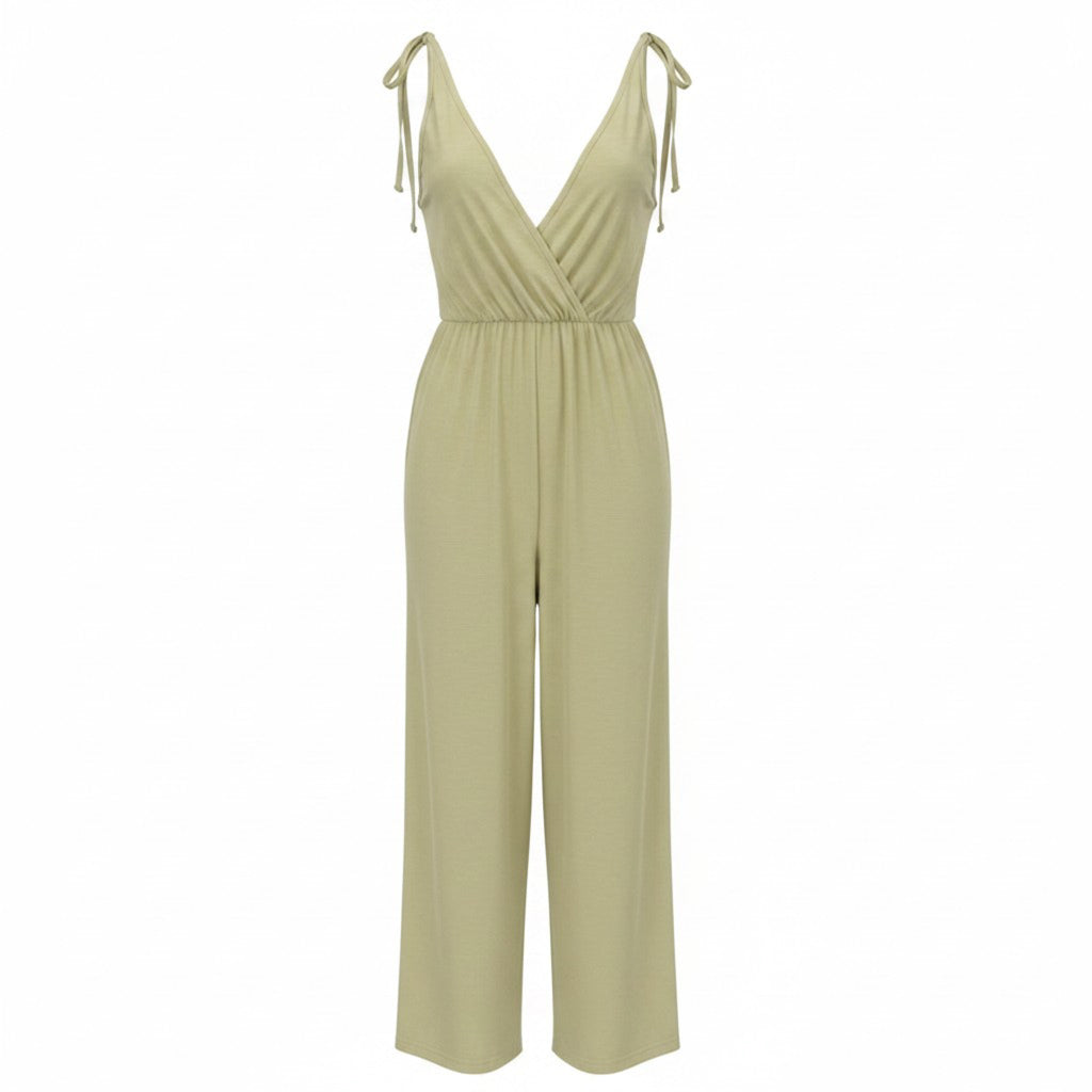 American Eagle Womens XL Sage Green Jumpsuit Tie Shoulder Wide Leg 100% Cotton