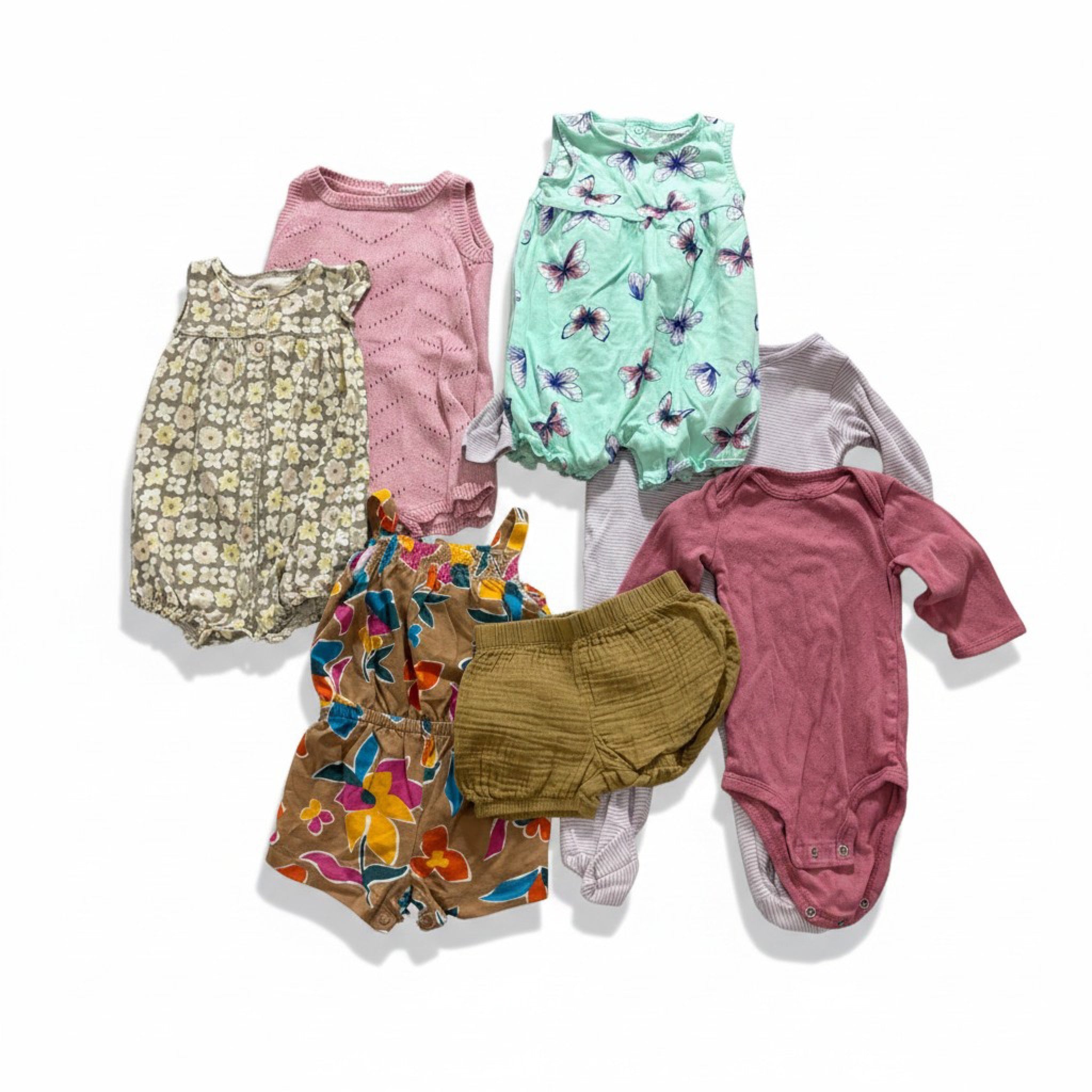 Carter's 9M Baby Girl 7 Pc Summer Lot Rompers Bodysuits Pointelle Knit Footie