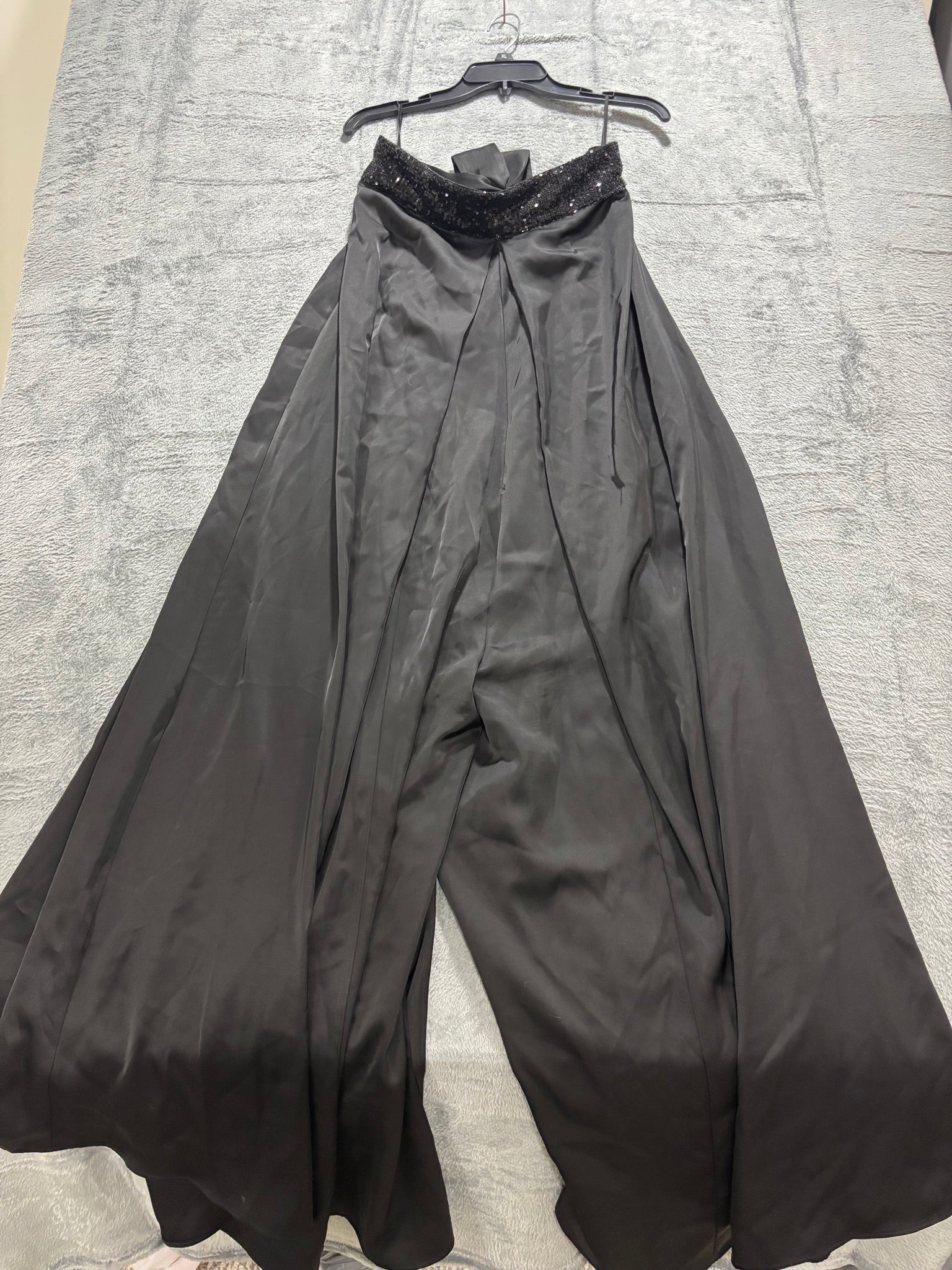Black Satin Strapless Wide Leg Jumpsuit Sequin Bust Bow Formal Palazzo S/M
