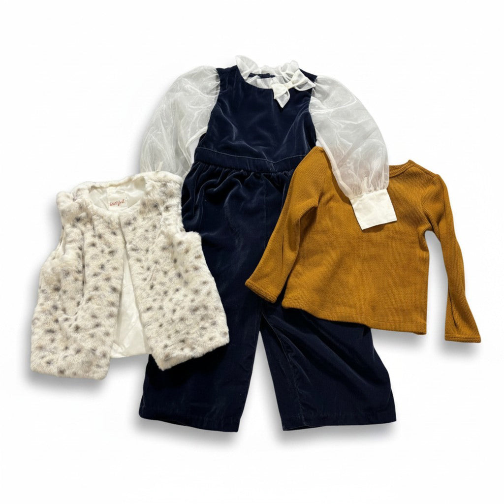 Janie and Jack Girls 3 NWT Navy Velvet Organza Jumpsuit Holiday 3Pc Lot 3T