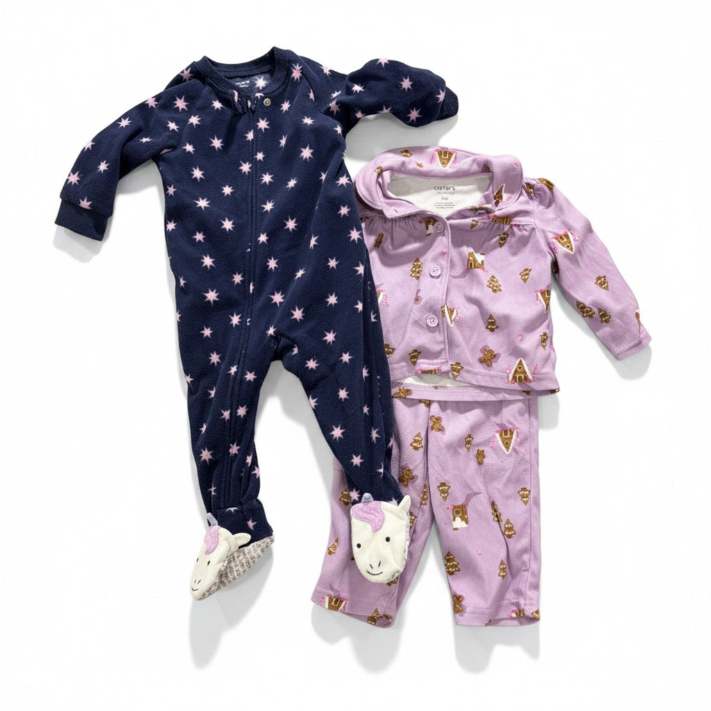 Carter's 12M Girl Winter Pajama Lot 3 Pc Navy Star Fleece Sleeper Gingerbread PJ