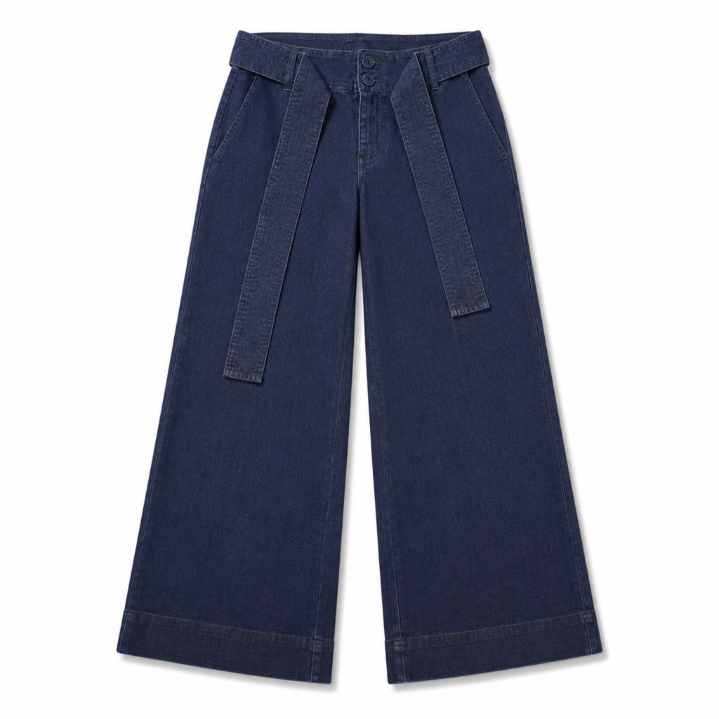 a new day Size 4 Navy Wide-Leg Belted Stretch Denim Trousers High-Rise