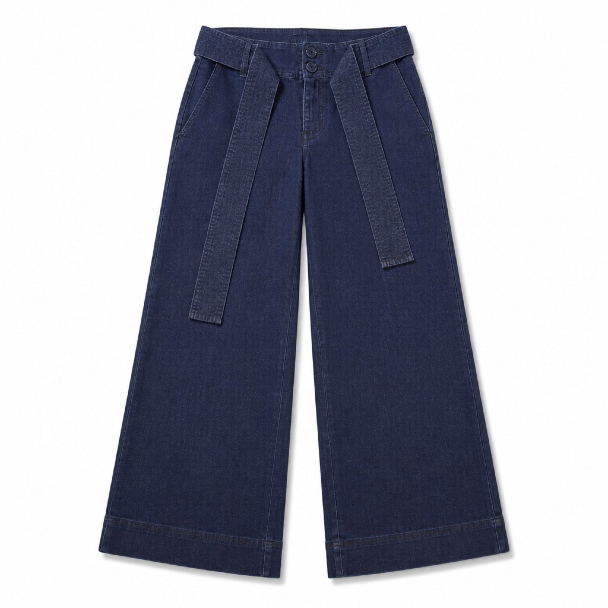 a new day Size 4 Navy Wide-Leg Belted Stretch Denim Trousers High-Rise