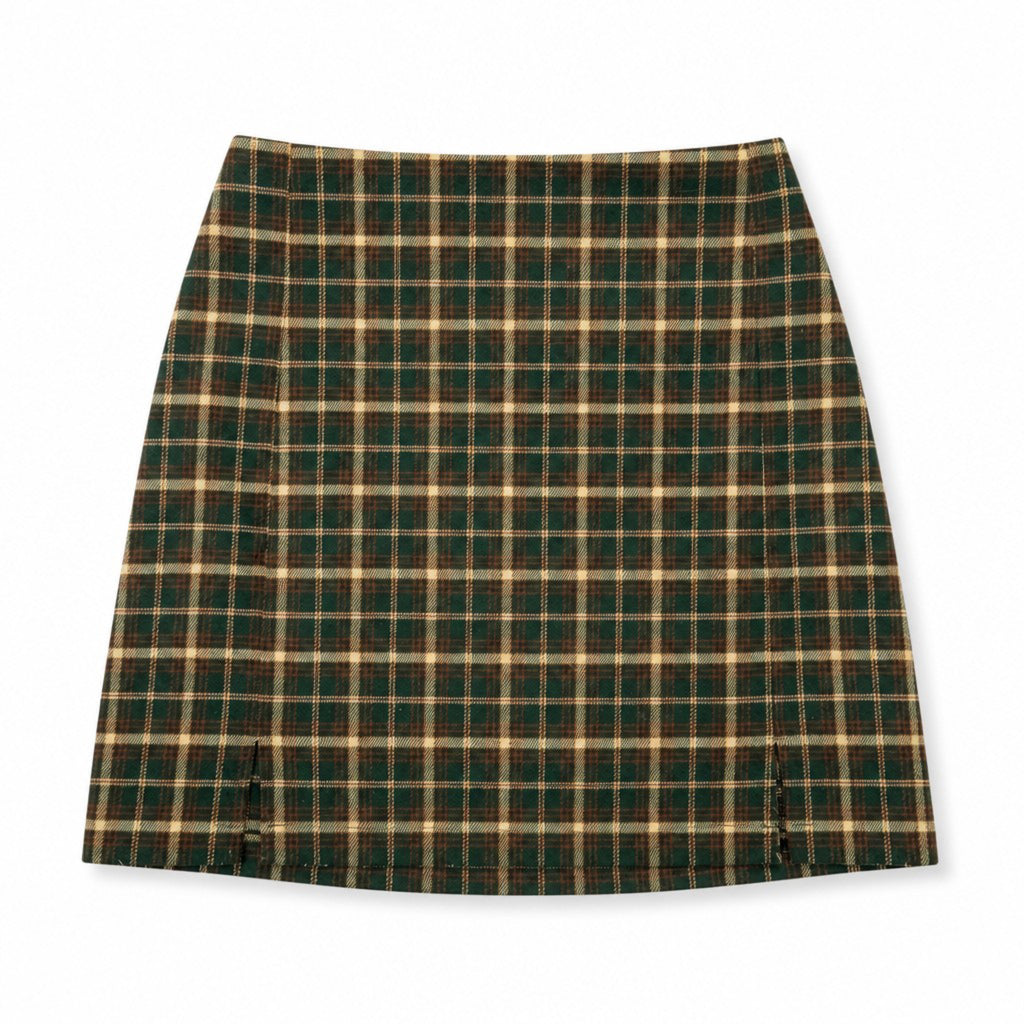 Brandy Melville Green Tartan Plaid Mini Skirt Front Slits One Size