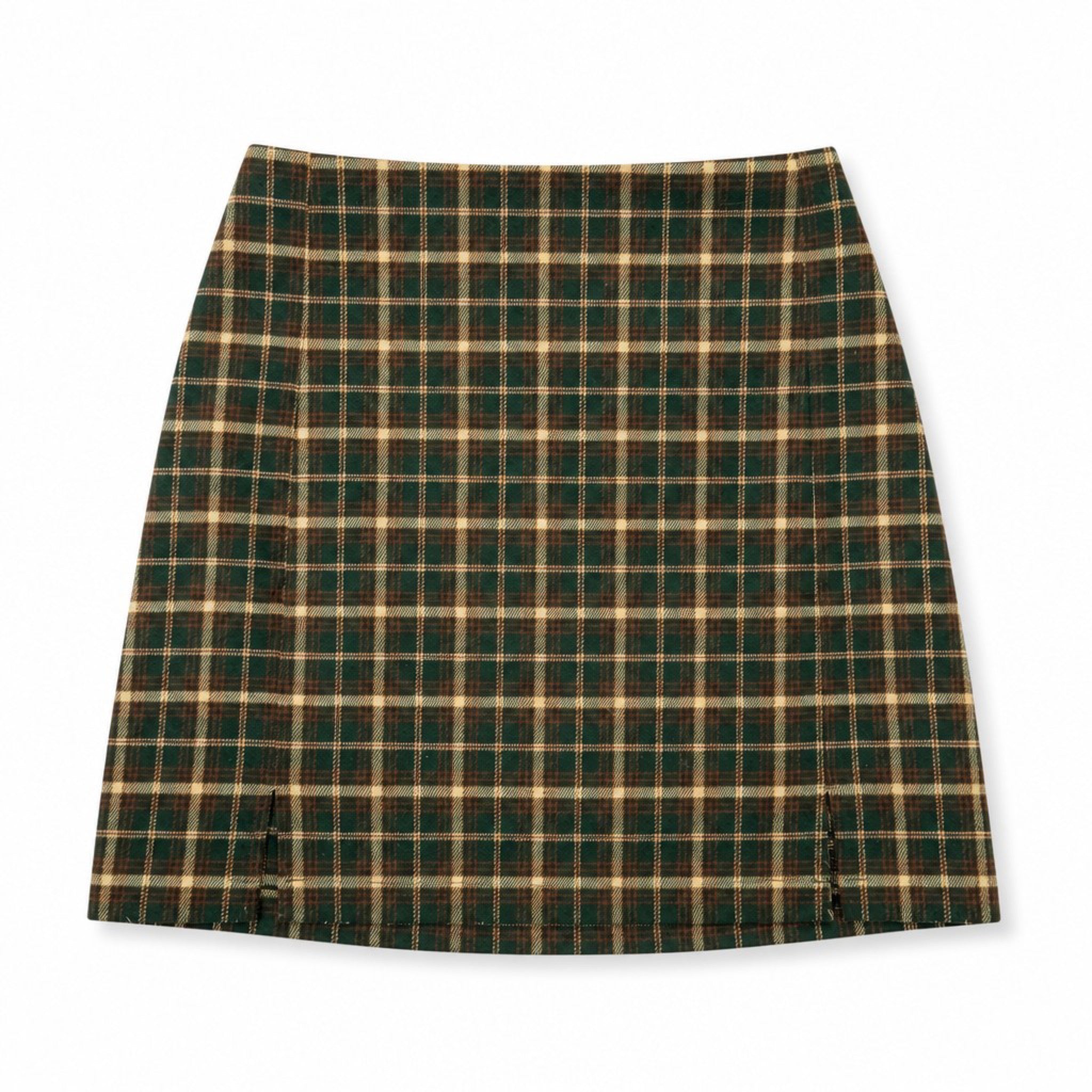 Brandy Melville Green Tartan Plaid Mini Skirt Front Slits One Size