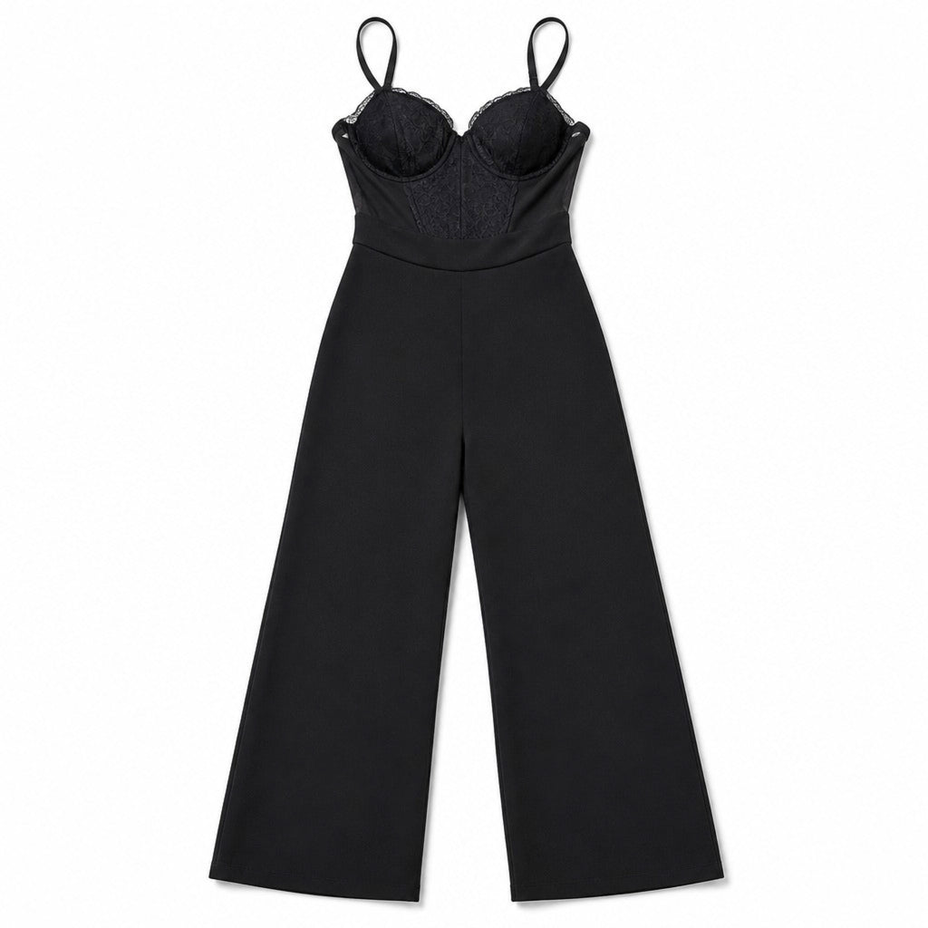 Almost Famous Size S Black Lace Bustier Wide-Leg Jumpsuit NWT Corset