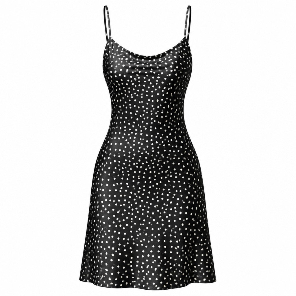 Victoria's Secret XS Black Polka Dot Satin Slip Mini Dress Cowl-Neck Cami