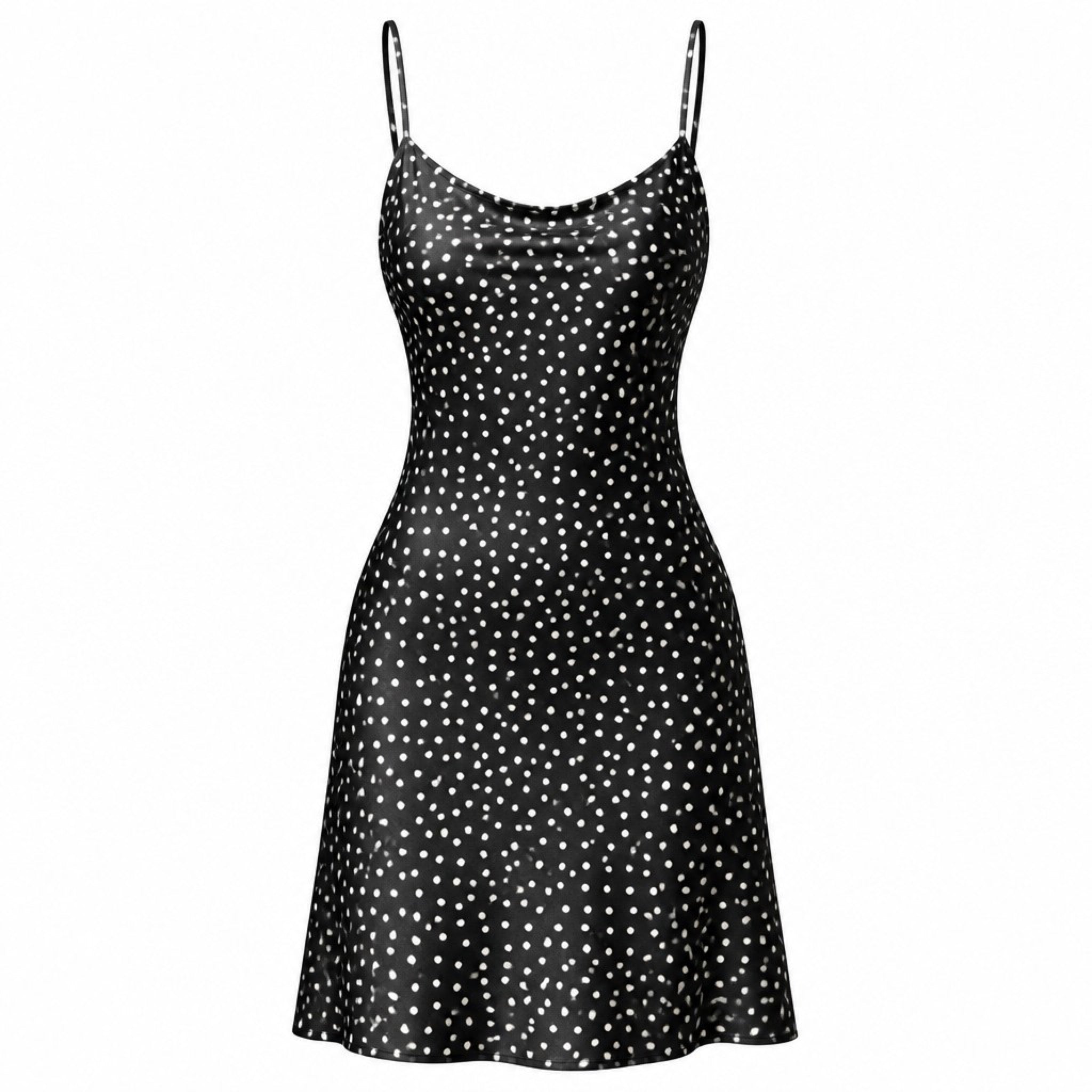 Victoria's Secret XS Black Polka Dot Satin Slip Mini Dress Cowl-Neck Cami