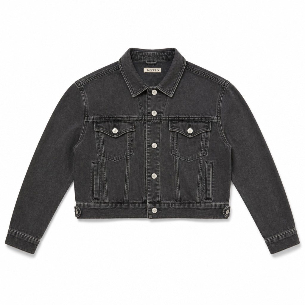 Topshop MOTO Size 10 Washed Black Denim Trucker Jacket Oversized Grunge