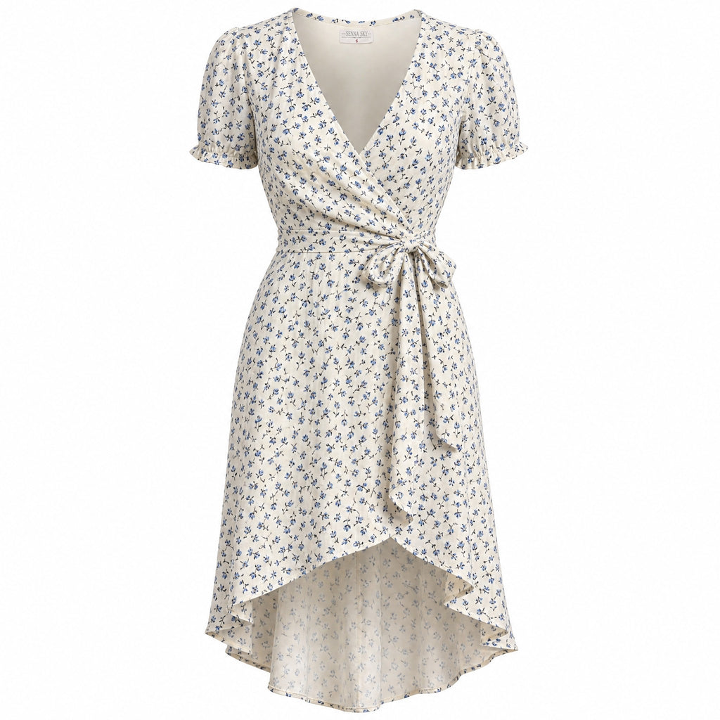 Sienna Sky S Ivory Blue Floral Faux Wrap Dress Flutter Sleeve Hi-Low