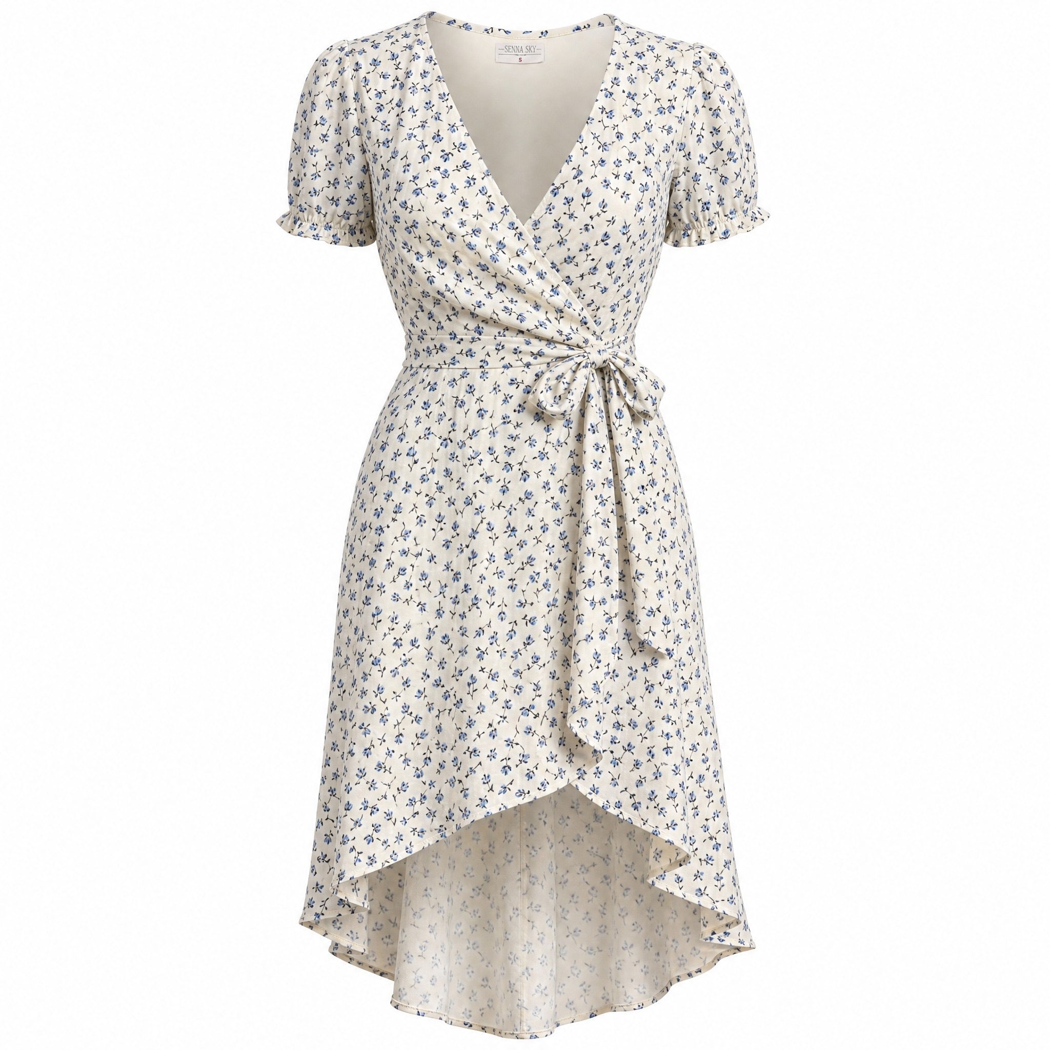 Sienna Sky S Ivory Blue Floral Faux Wrap Dress Flutter Sleeve Hi-Low