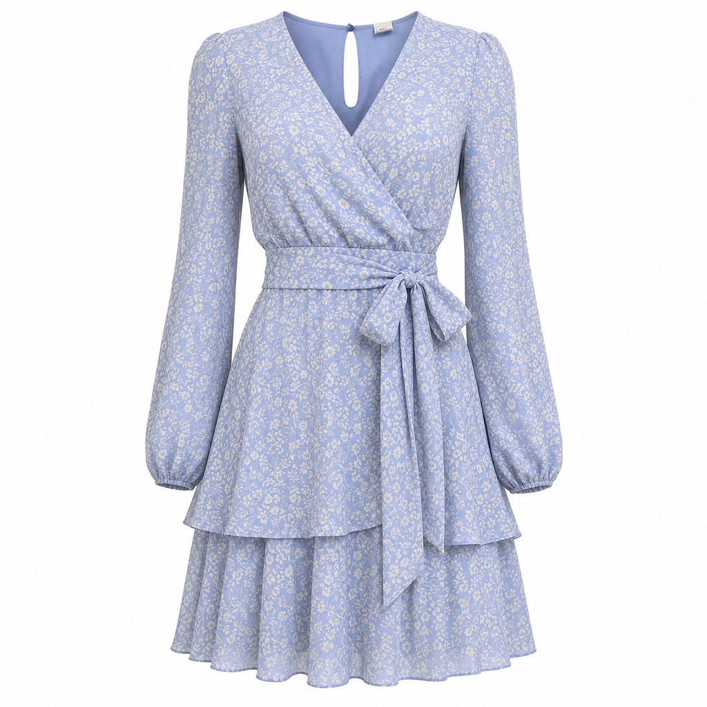 Jaspir S Blue Floral Tiered Ruffle Wrap Mini Dress Long Sleeve Tie Waist