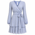 Jaspir S Blue Floral Tiered Ruffle Wrap Mini Dress Long Sleeve Tie Waist