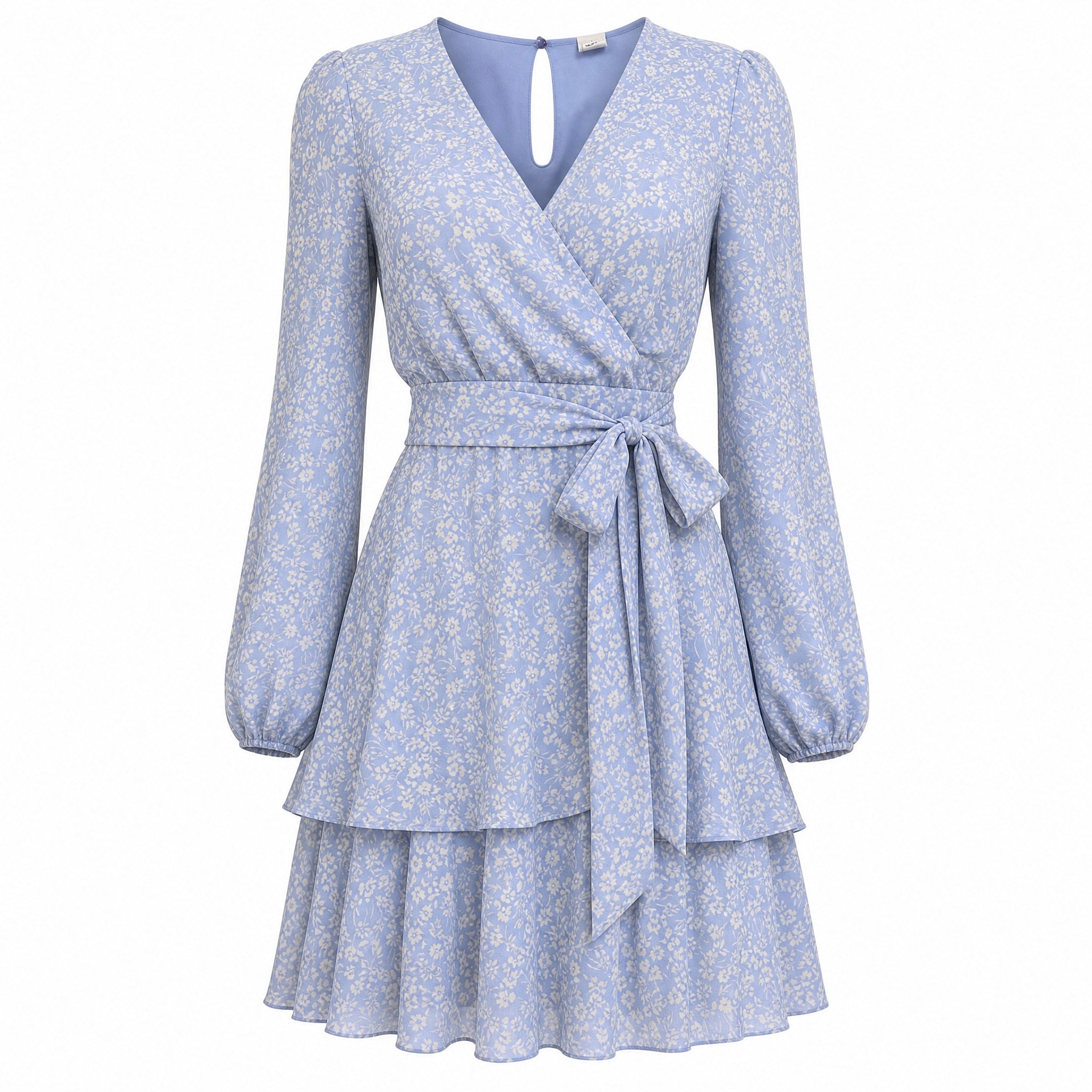 Jaspir S Blue Floral Tiered Ruffle Wrap Mini Dress Long Sleeve Tie Waist