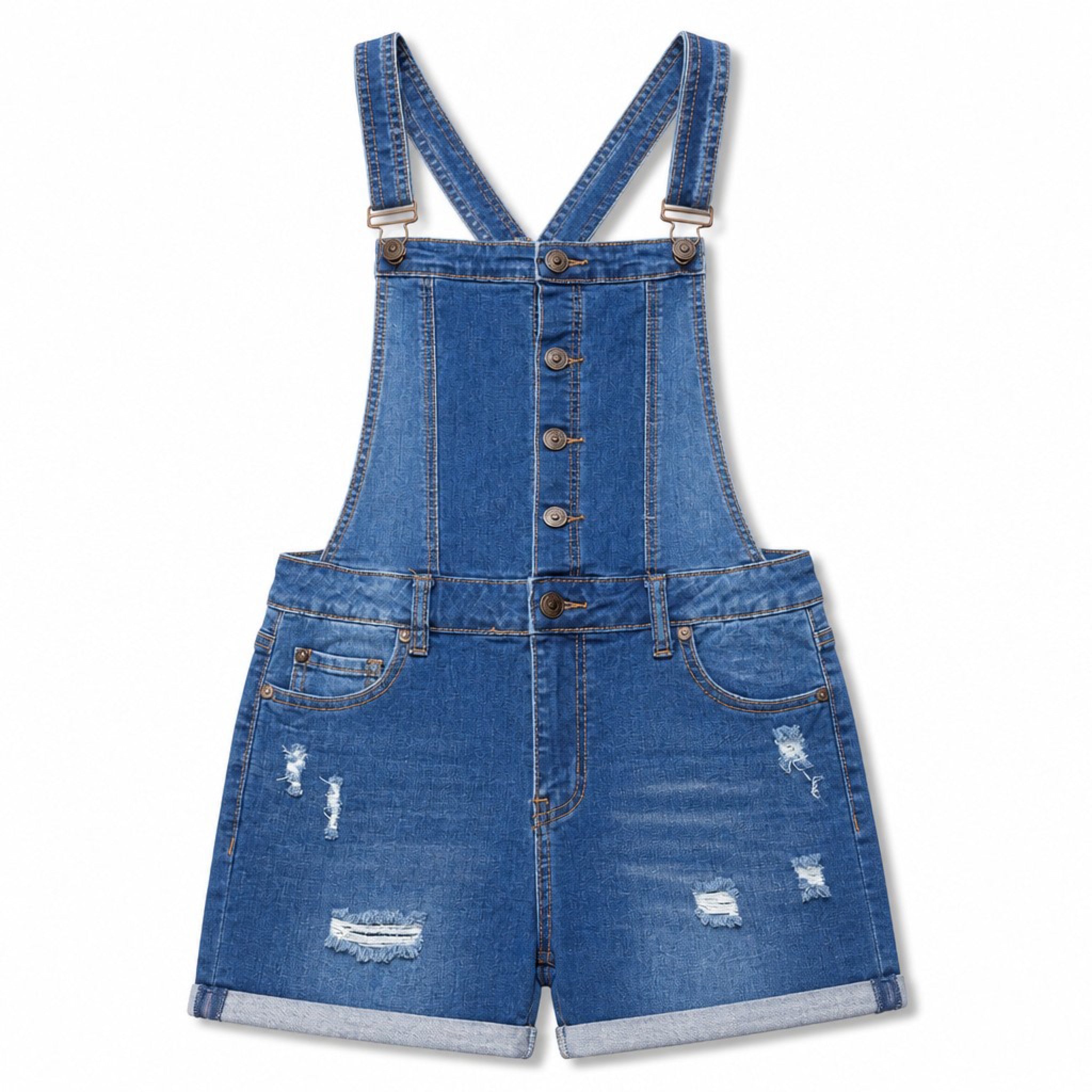 EnJean L Medium Wash Distressed Denim Overall Shorts Shortalls Cuffed Bib
