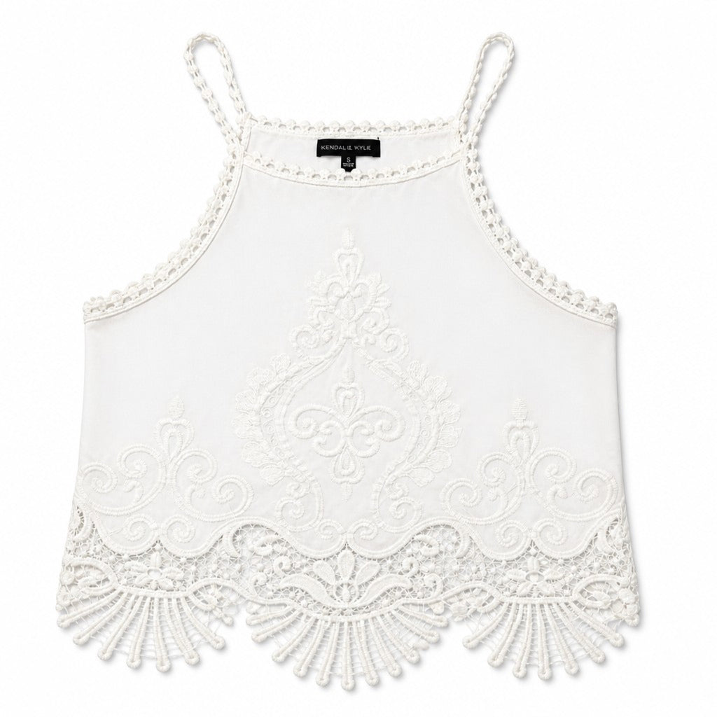 Kendall & Kylie S White Crochet Lace Crop Top Cami Scalloped Fringe Boho