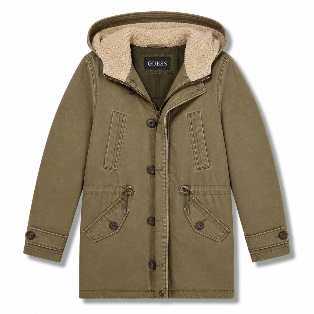 GUESS Mens M Olive Green Sherpa-Lined Hooded Military Field Parka Jacket