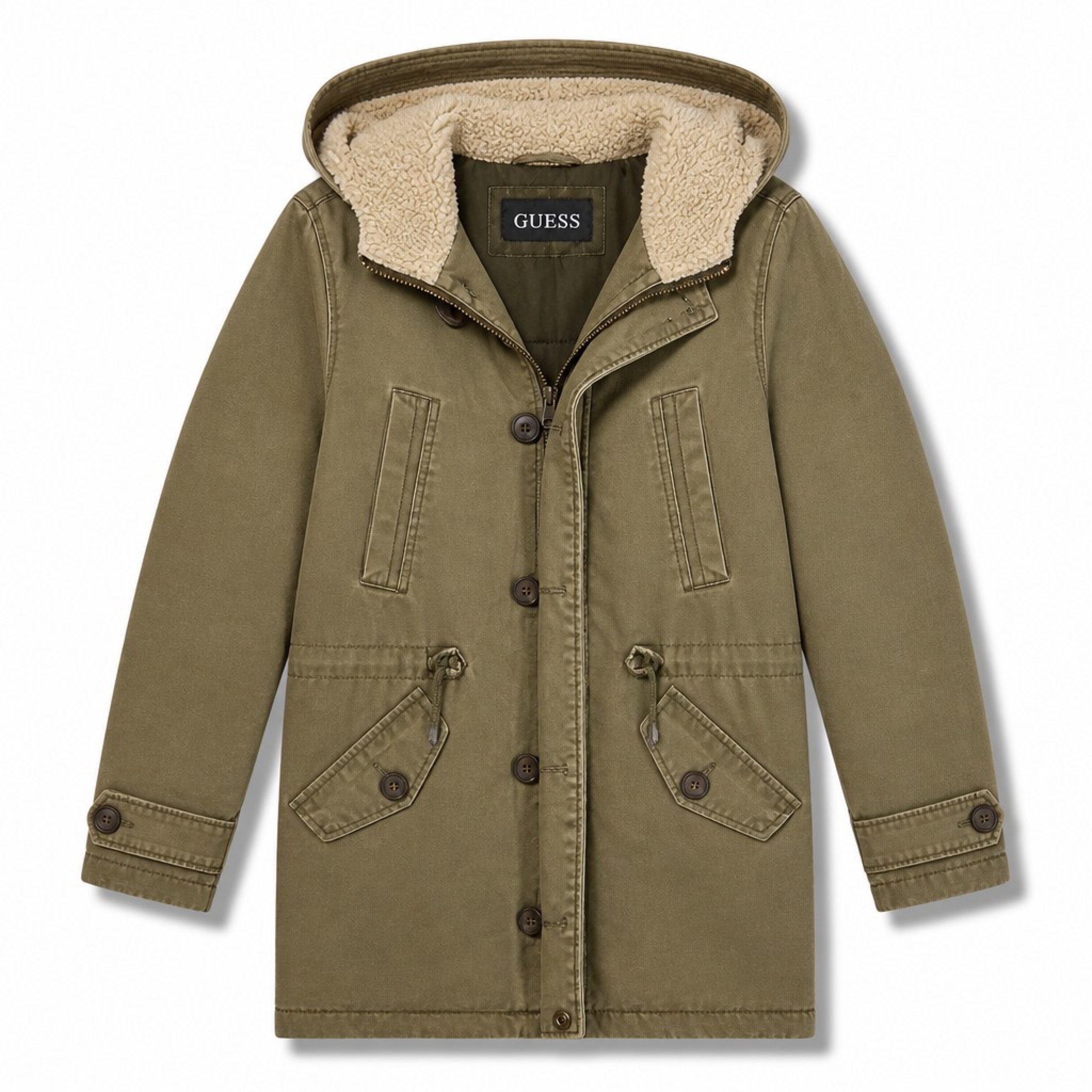 GUESS Mens M Olive Green Sherpa-Lined Hooded Military Field Parka Jacket