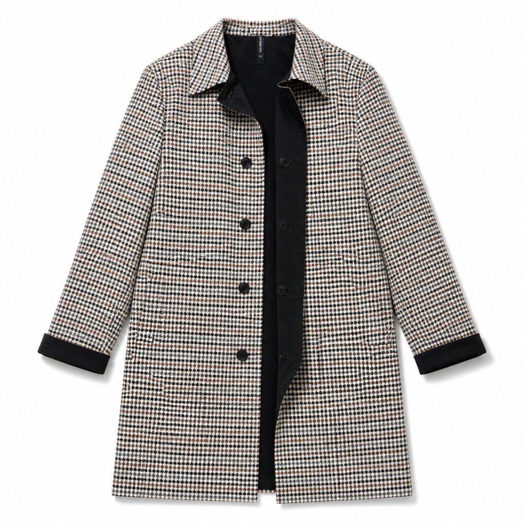 Express Reversible Houndstooth & Black Mac Coat Wool-Blend Car Coat Plaid