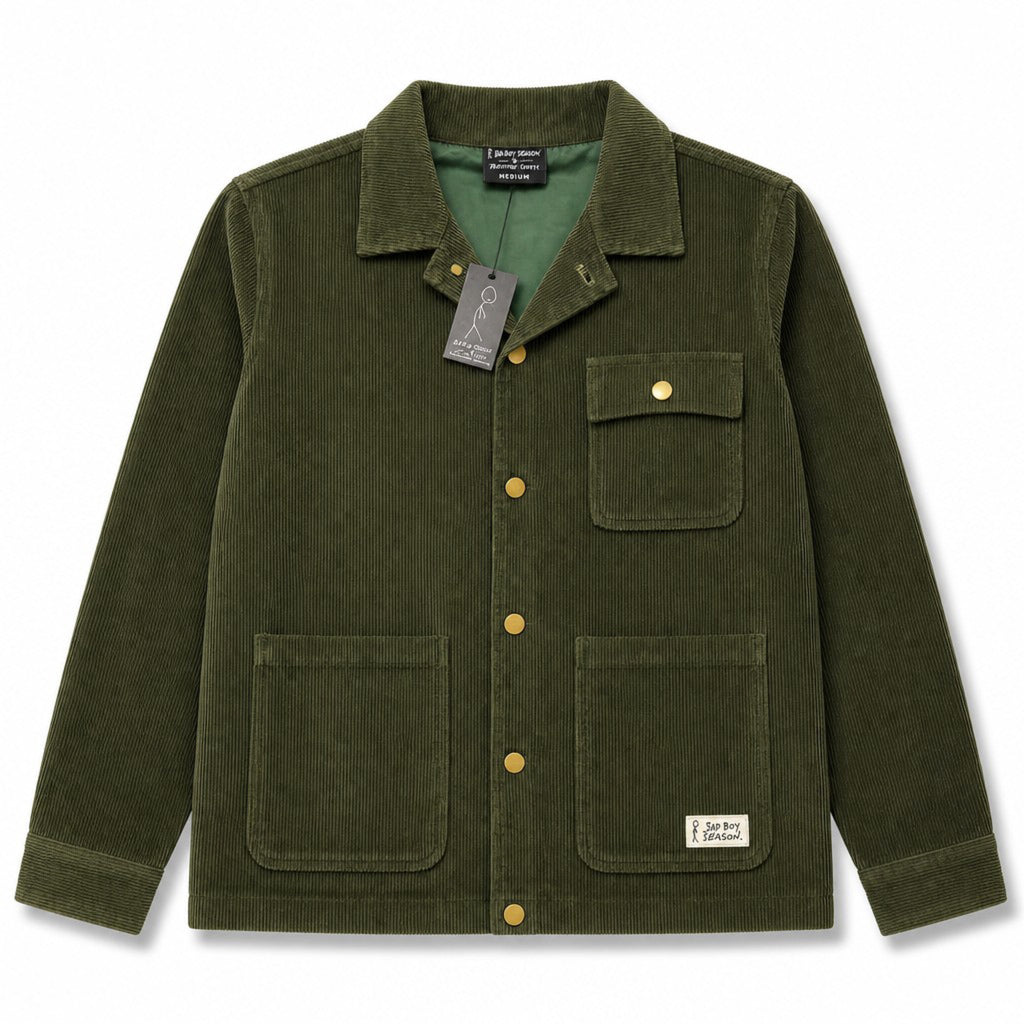 Sad Boy Season Barstool Sports M Olive Corduroy Chore Jacket NWT Snap Front
