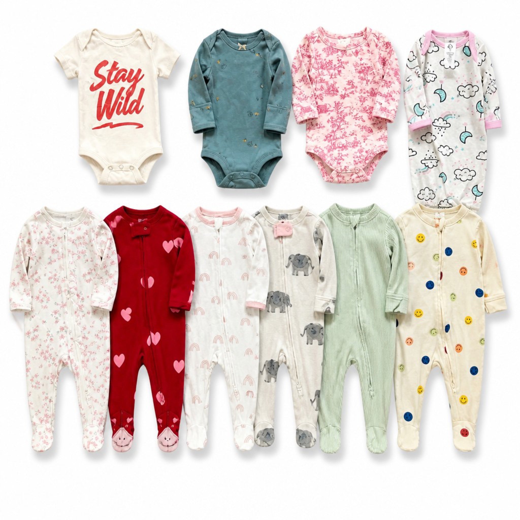 Newborn Baby Girl Clothes Lot 10 Pieces Zip Sleepers & Bodysuits Floral Pastel