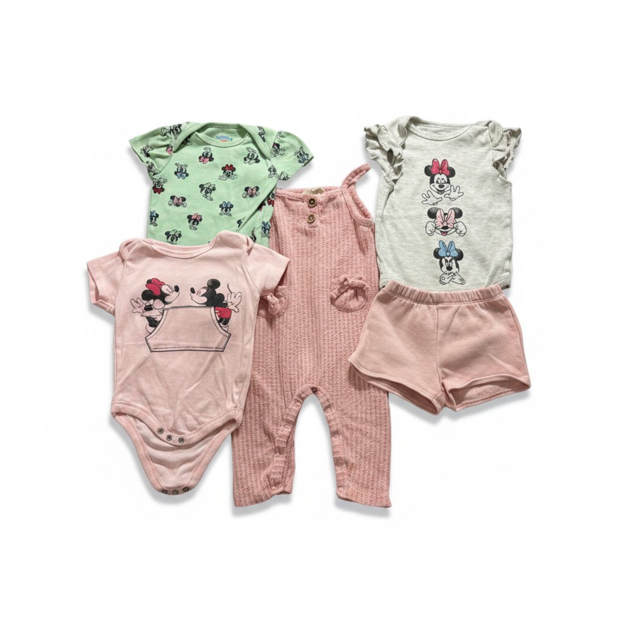 Disney Baby 6-9M Girl 5 Pc Lot Minnie Mickey Bodysuits Waffle Romper Shorts Pink