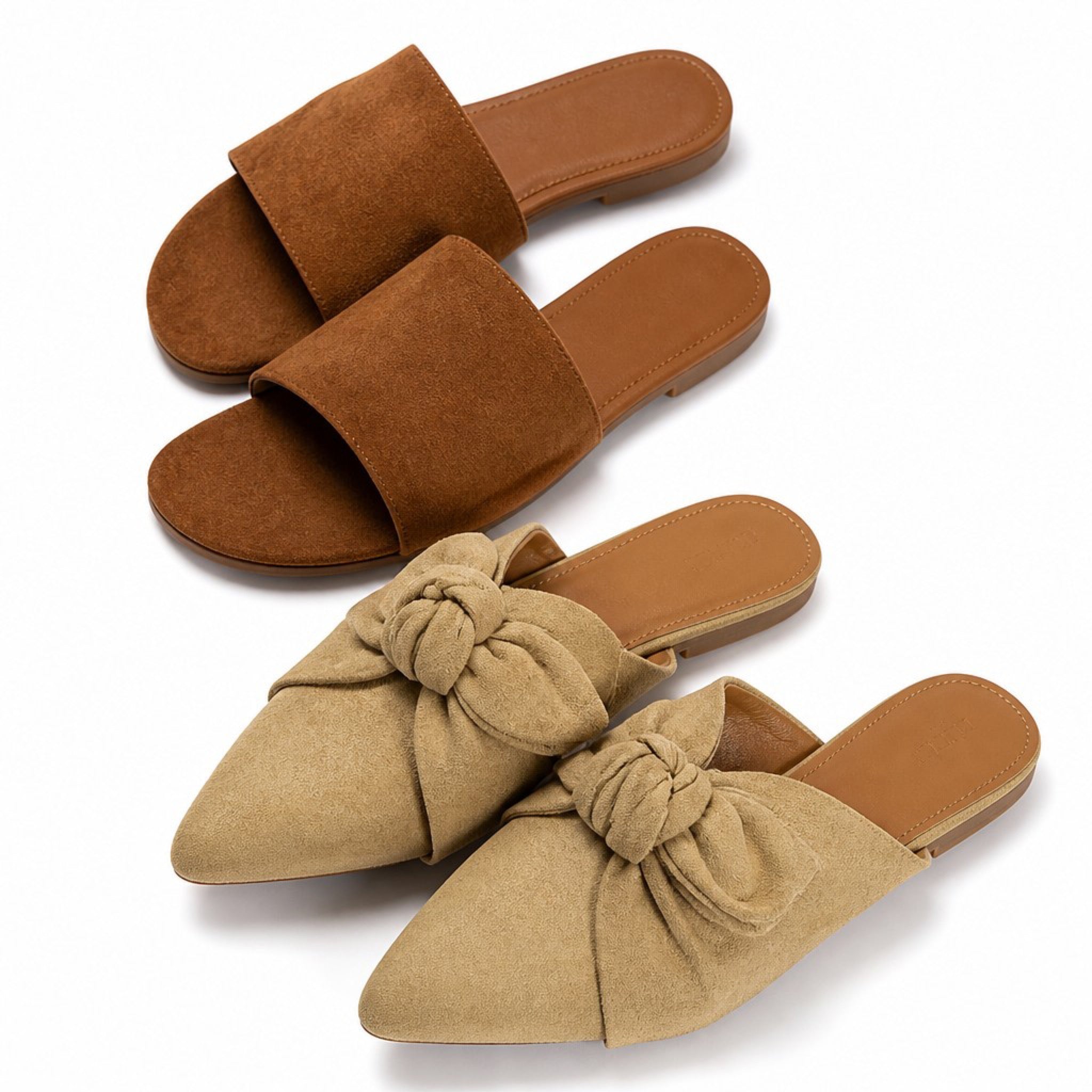 J.Crew Size 12 Suede Mules 2-Pair Lot Tan Bow & Brown Slide Sandals