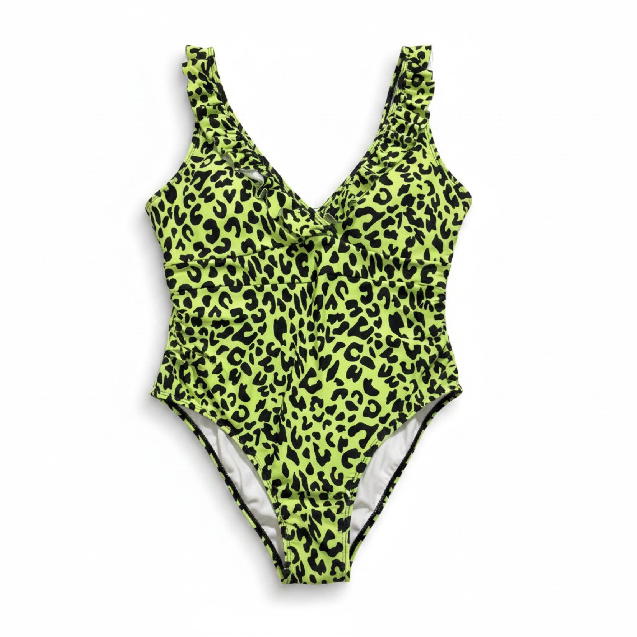 Neon Green Leopard One Piece Swimsuit Plus 3XL Ruffle Strap Cutout NWOT