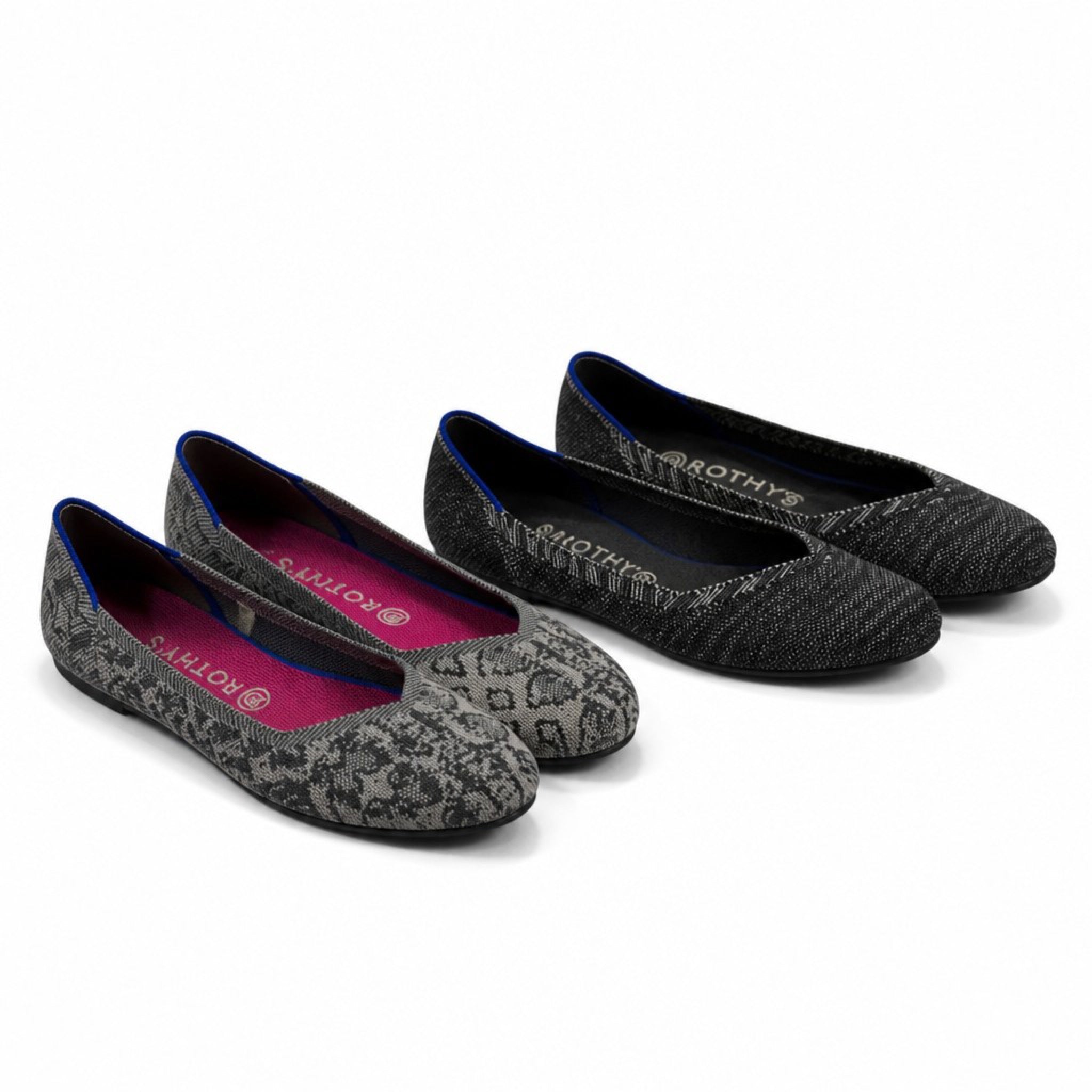 Rothy's Womens 12 Gray Leopard Black Round Toe Knit Flats 2 Pair Lot