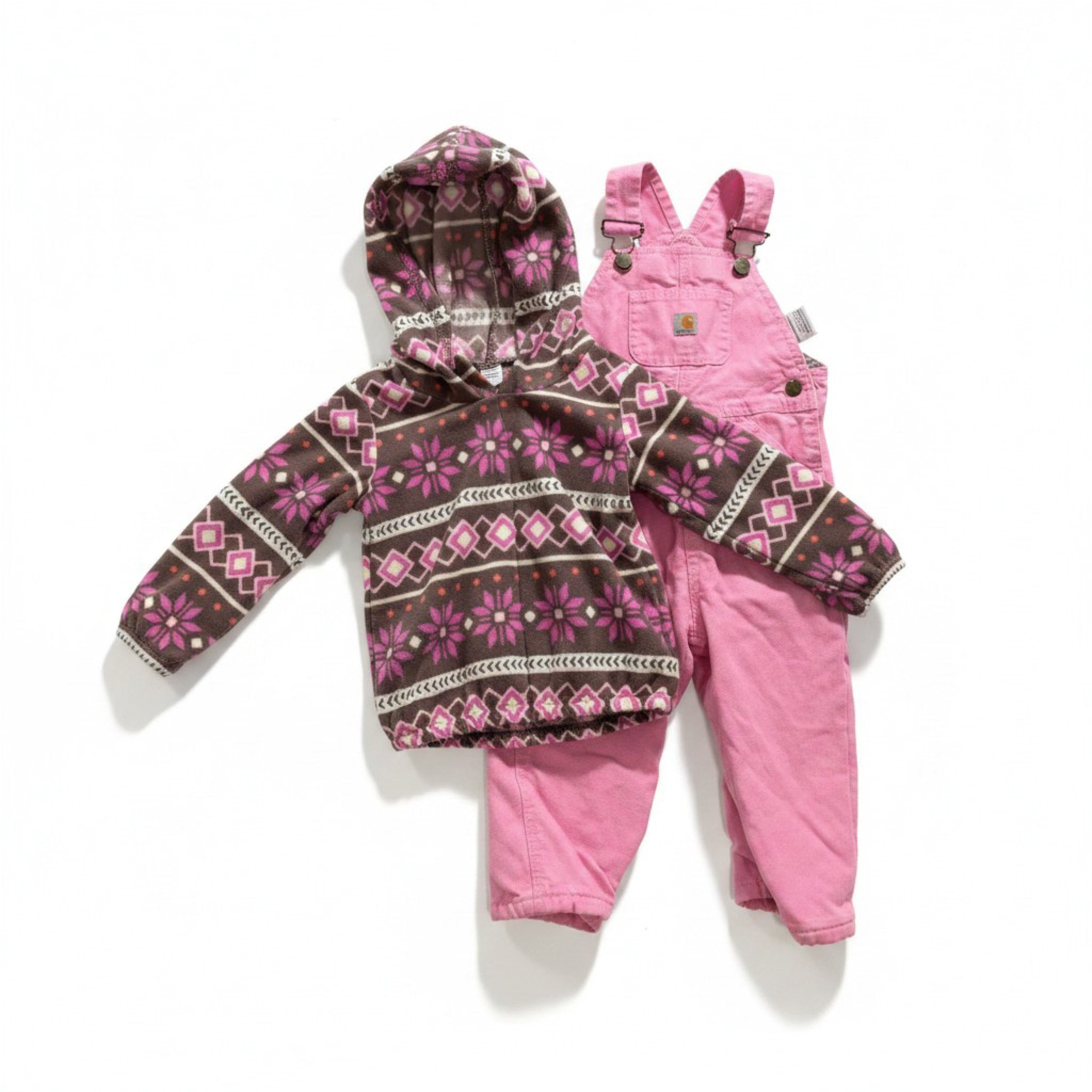 Carhartt Girls 2T Pink Flannel Lined Bib Overalls + Carters Fair Isle Fleece