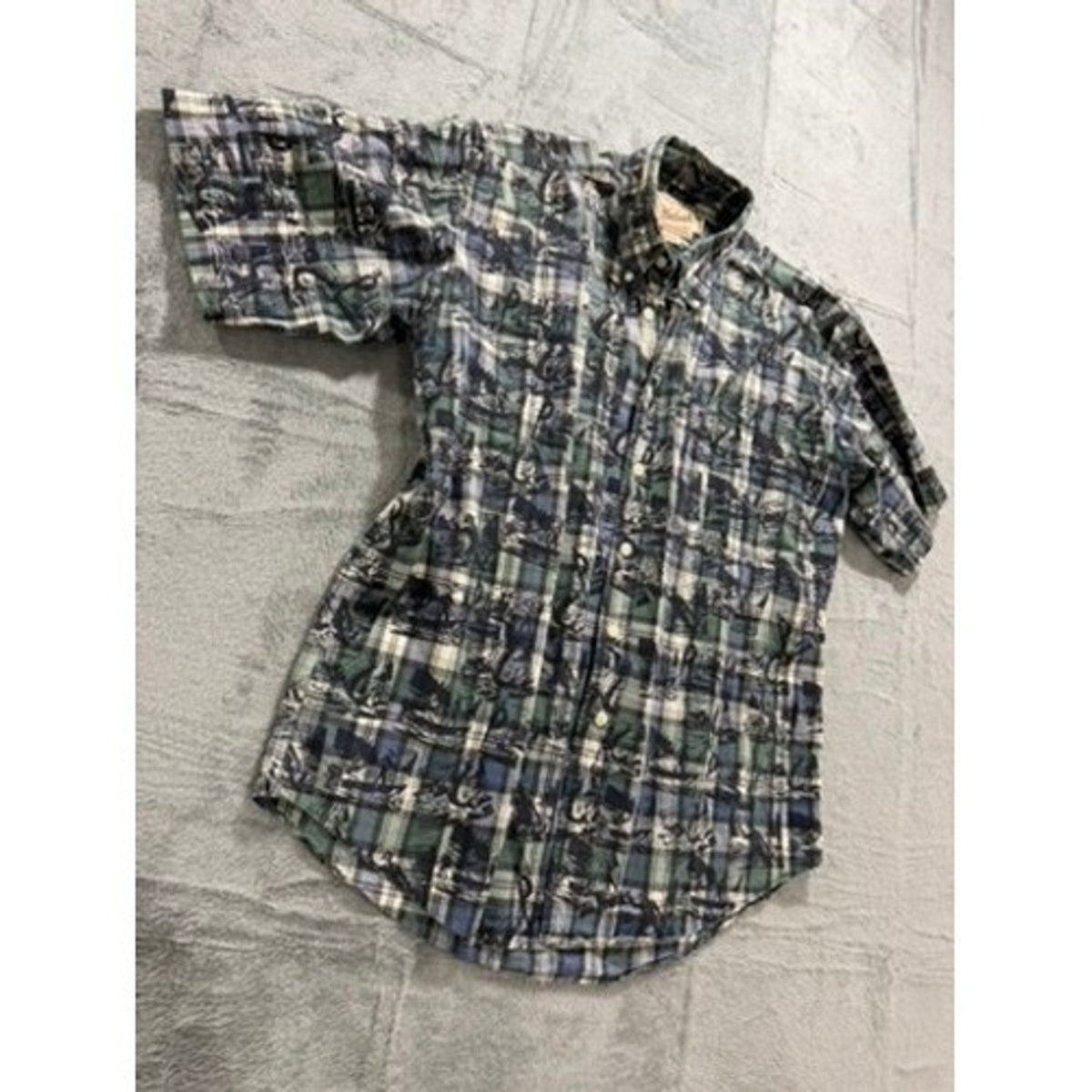 Woolrich Mens Large Blue Green Plaid Fishing Graphic Short Sleeve Button Shirt