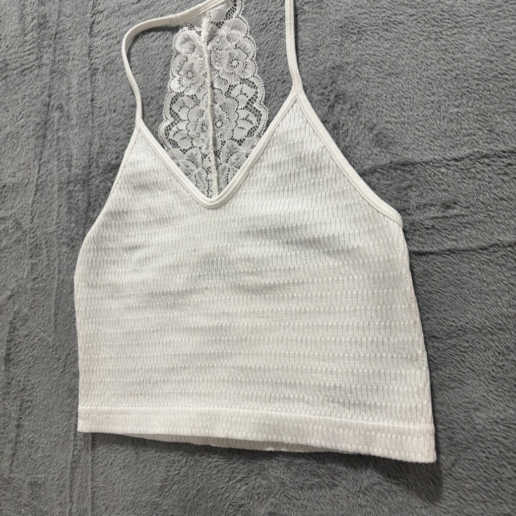 One Step Up Womens SM White Lace Racerback Crop Top Boho Festival Coquette Cute