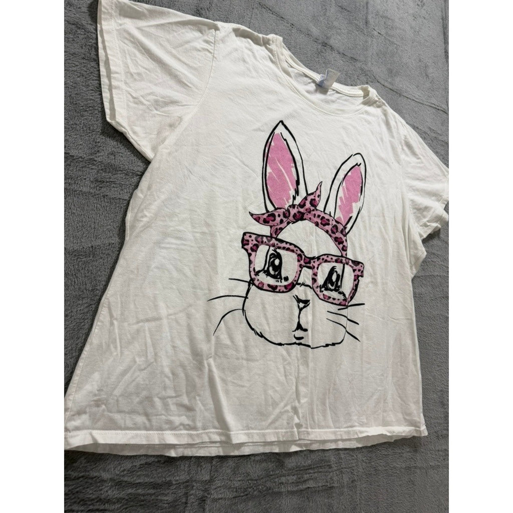 Port & Company White Bunny Leopard Glasses Graphic T-Shirt Womens 3XL Quirky
