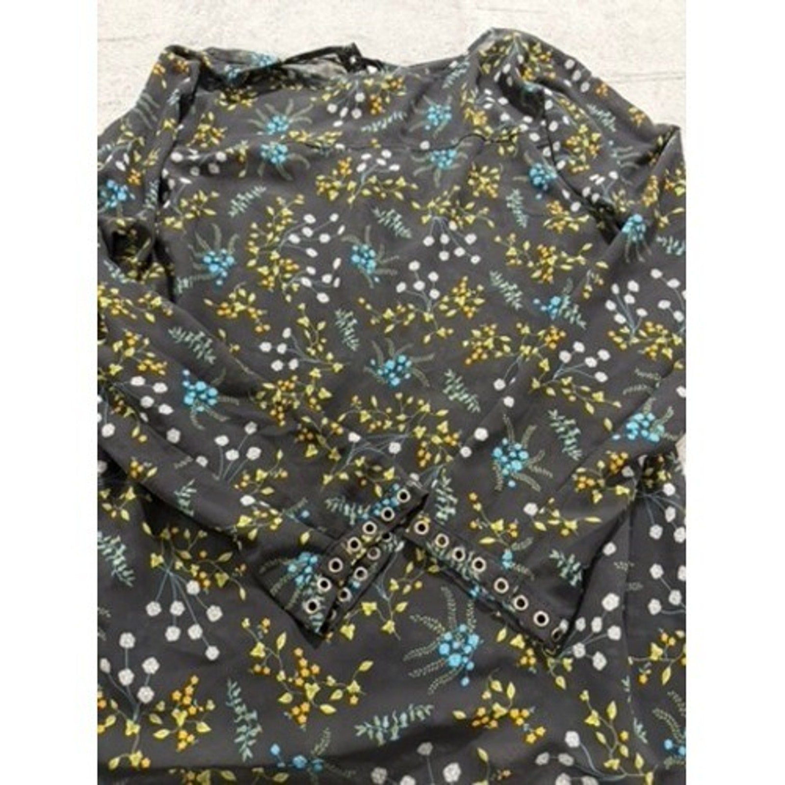 Ruff Hewn Grey Womens XL Black Floral Lace Up Grommet Long Sleeve Blouse Top