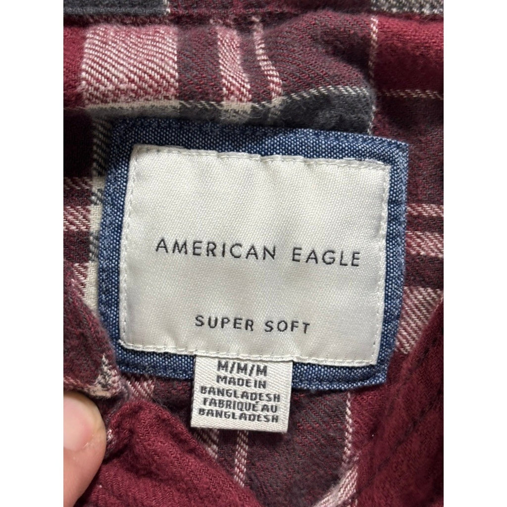 American Eagle M Red Plaid Hooded Flannel Shirt Womens Casual Vintage Style