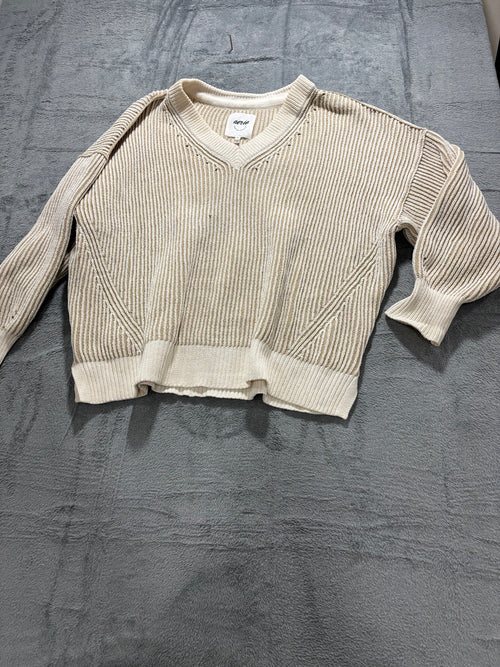 Aerie Womens XL Cream Tan Ribbed Knit V Neck Sweater Oversized Slouchy