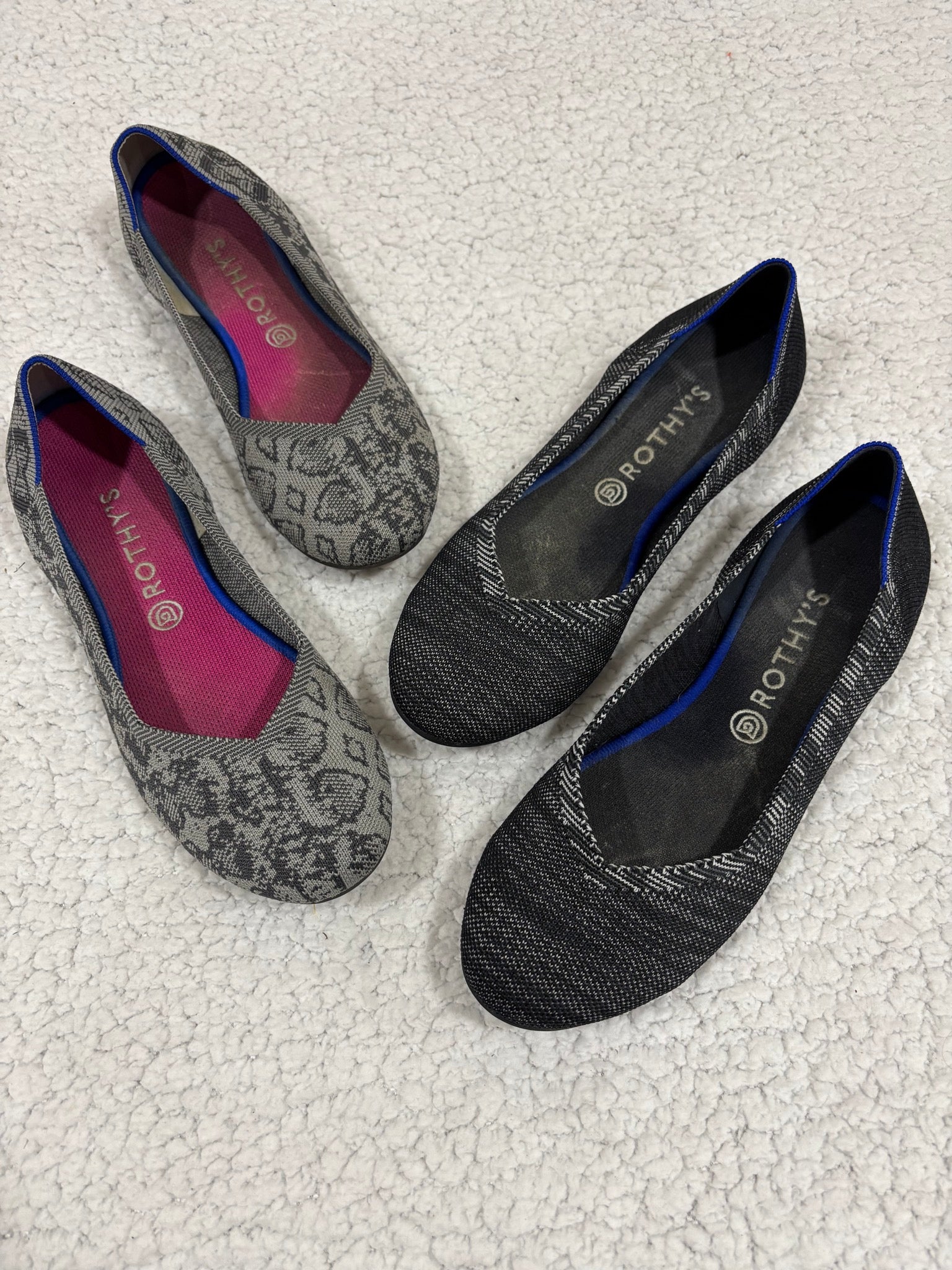 Rothy's Womens 12 Gray Leopard Black Round Toe Knit Flats 2 Pair Lot