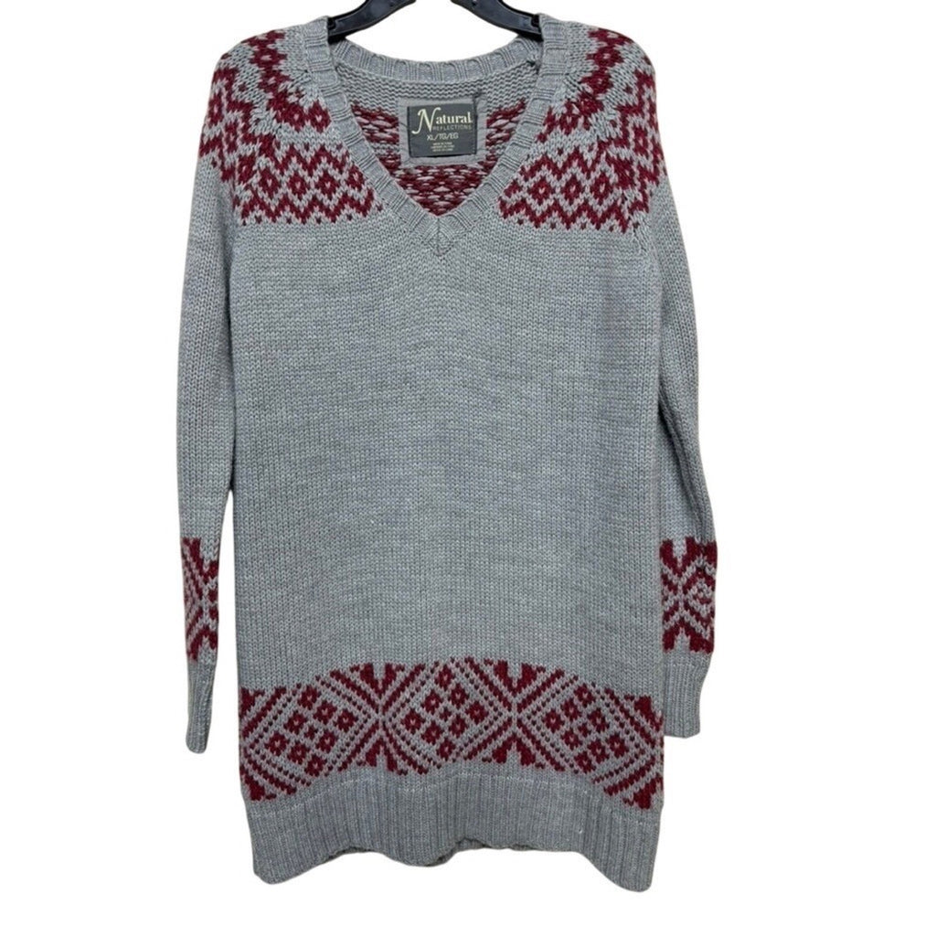 Natural Reflections Gray Fair Isle Knit Sweater XL Burgundy Nordic Cozy Cabin