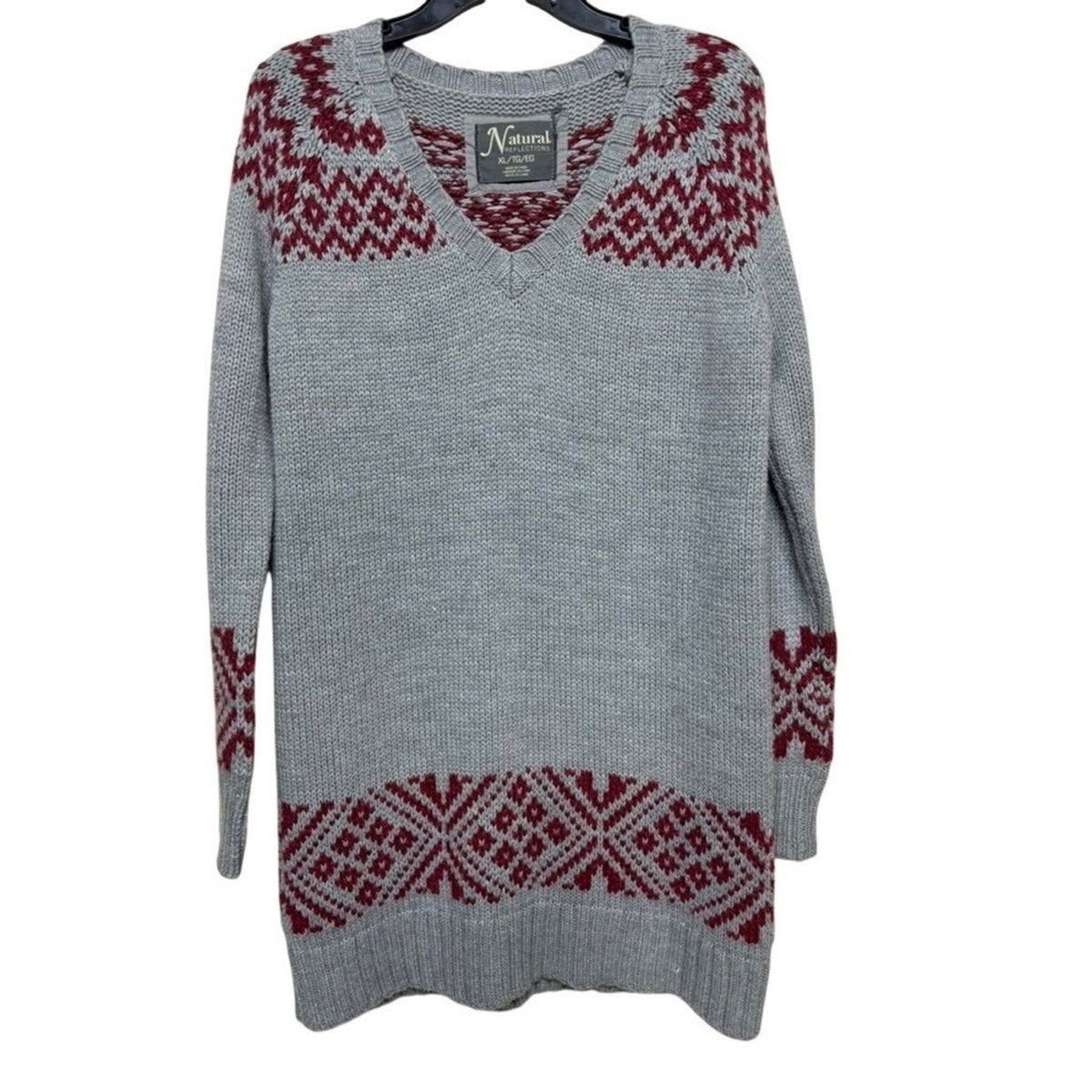 Natural Reflections Gray Fair Isle Knit Sweater XL Burgundy Nordic Cozy Cabin