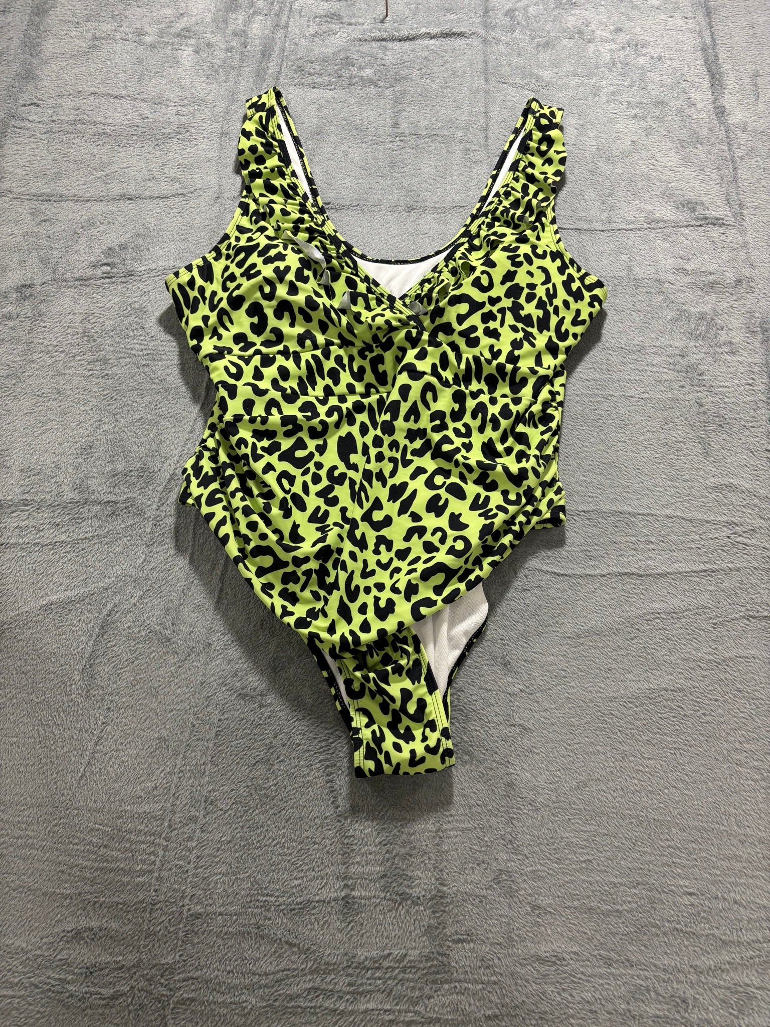 Neon Green Leopard One Piece Swimsuit Plus 3XL Ruffle Strap Cutout NWOT