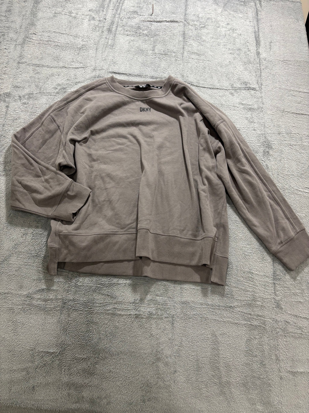 DKNY XXL Taupe Logo Crewneck Sweatshirt Oversized Pullover Side Slit Lounge