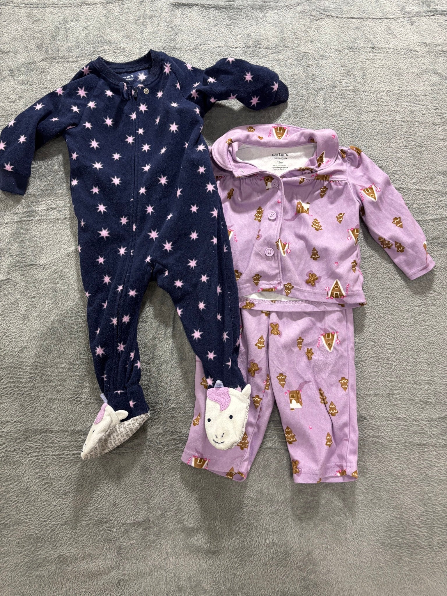 Carter's 12M Girl Winter Pajama Lot 3 Pc Navy Star Fleece Sleeper Gingerbread PJ