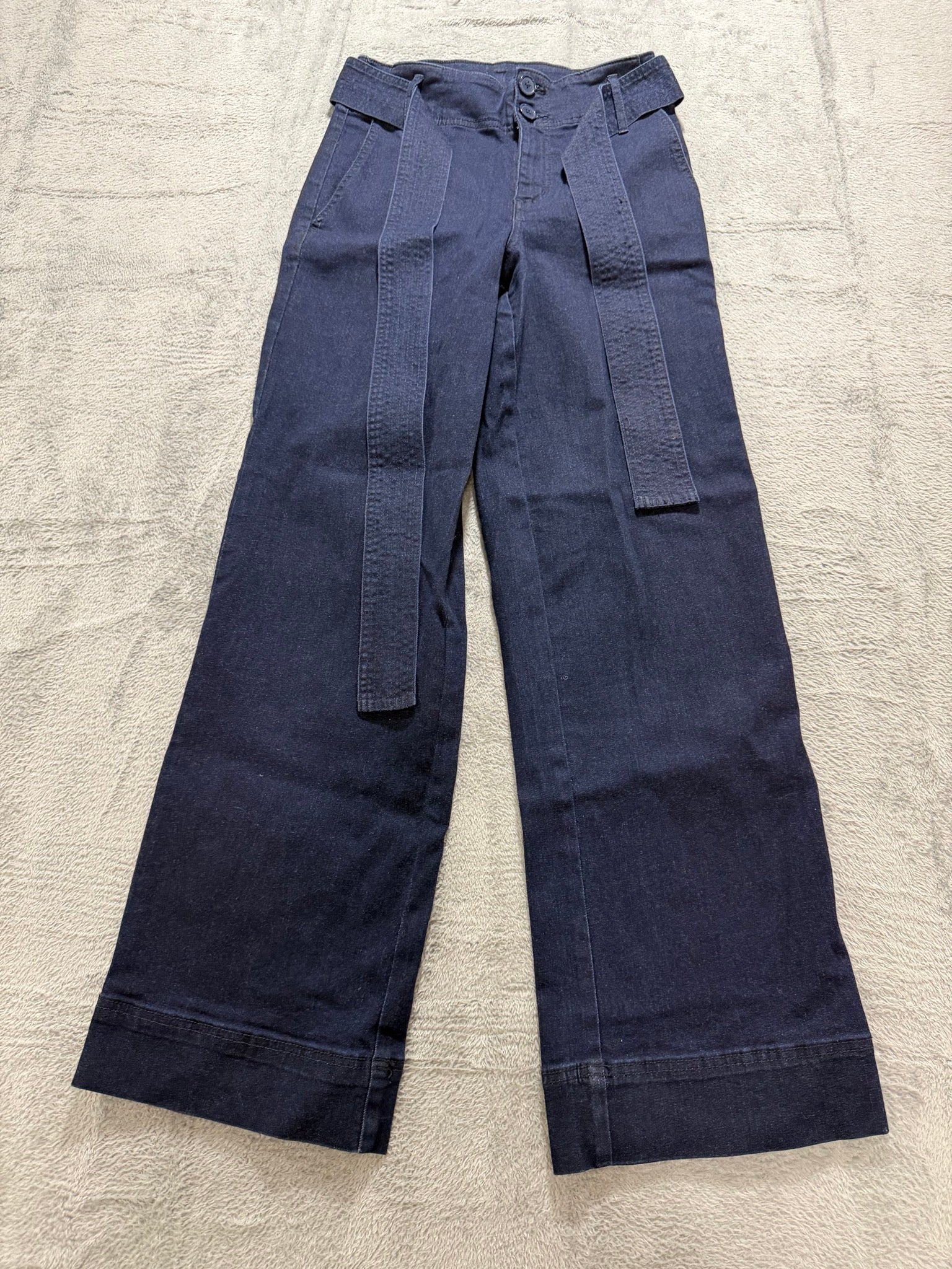 a new day Size 4 Navy Wide-Leg Belted Stretch Denim Trousers High-Rise